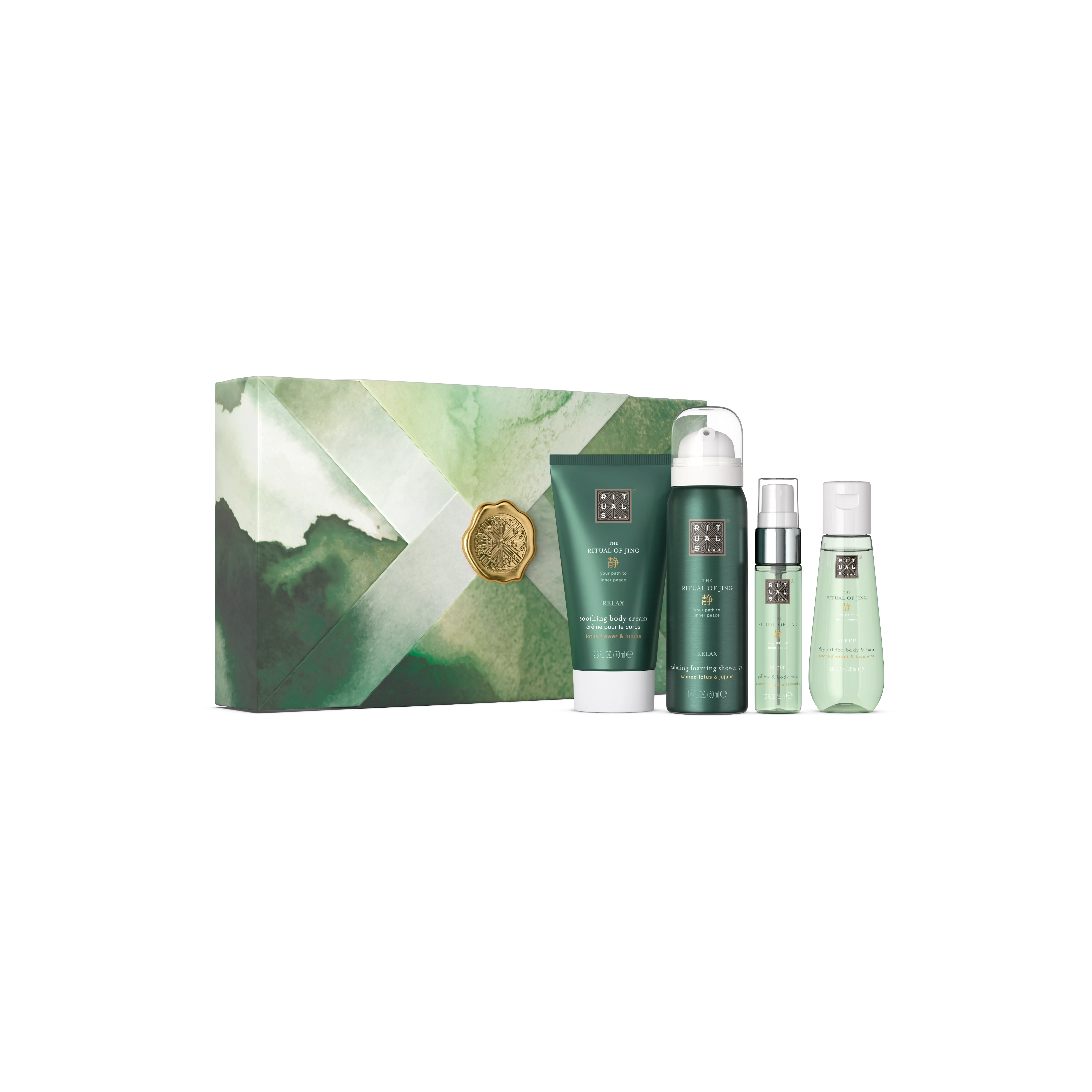 pianka pod prysznic w żelu 50 ml, krem do ciała 70 ml, suchy olejek 50 ml, mgiełka do pościeli i ciała 20 ml, jing, Zielony, RITUALS