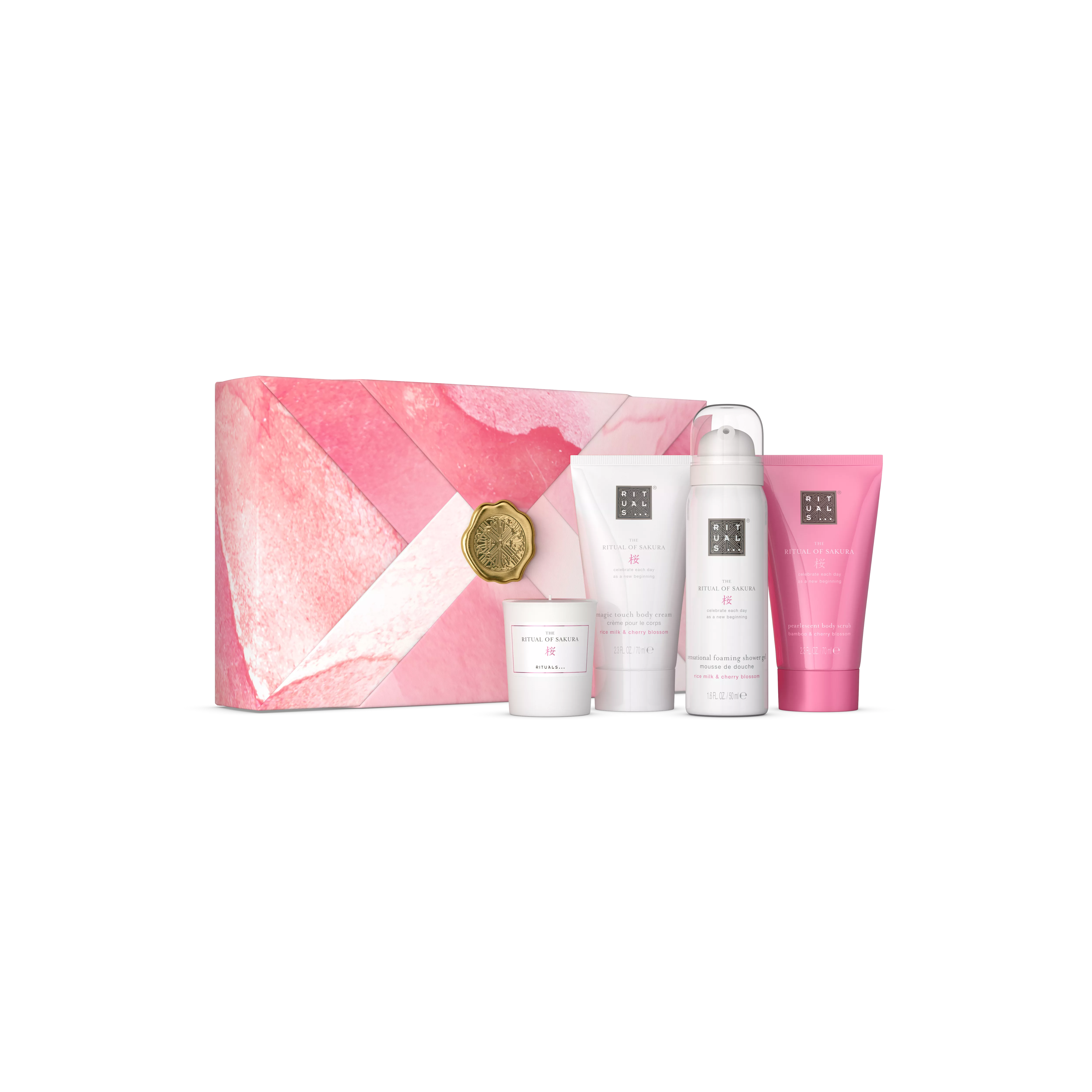 foaming shower gel 50ml, body scrub 70ml, body cream 70ml, scented candle 25g, sakura, White, RITUALS