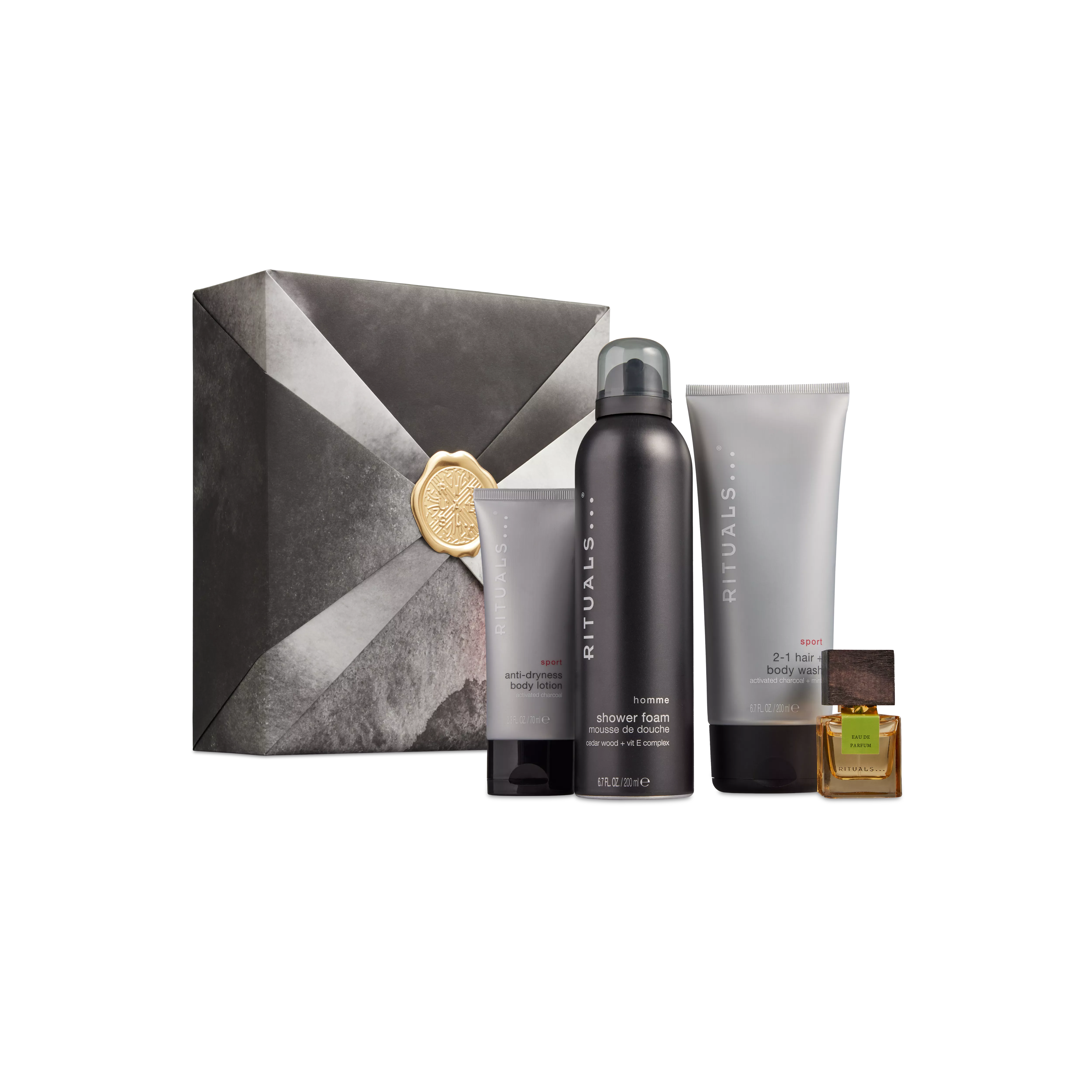 Duschschaum 200 ml, 2-in-1 Shampoo und Duschgel 200 ml, Anti-Dryness Lotion 70 ml, Eau de Parfum in Reisegröße 15 ml, homme, Grey, RITUALS