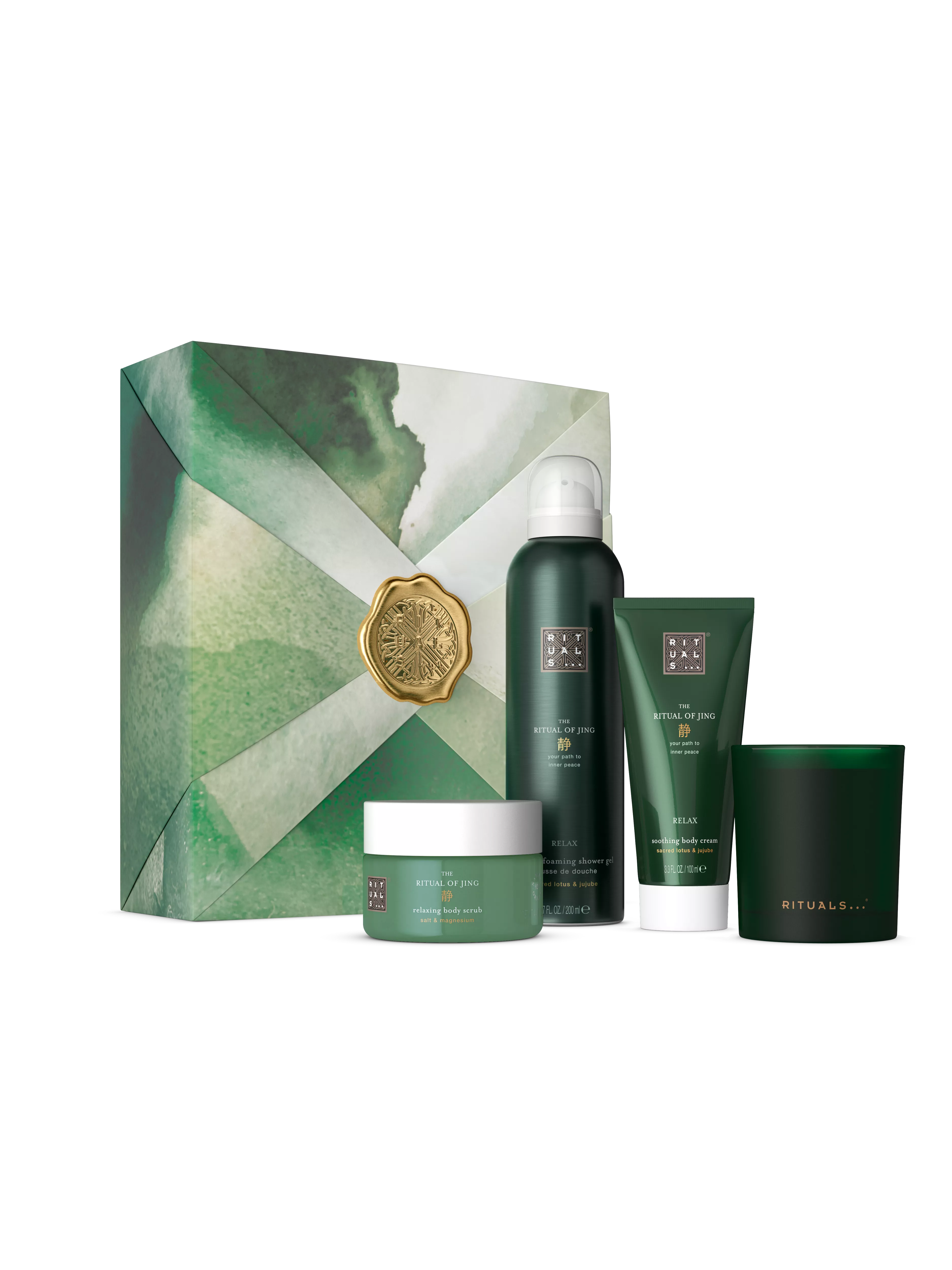 dusjskum 200 ml, kroppskrem 100 ml, kroppsskrubb 125 g, duftlys 140 g, jing, Grønn, RITUALS