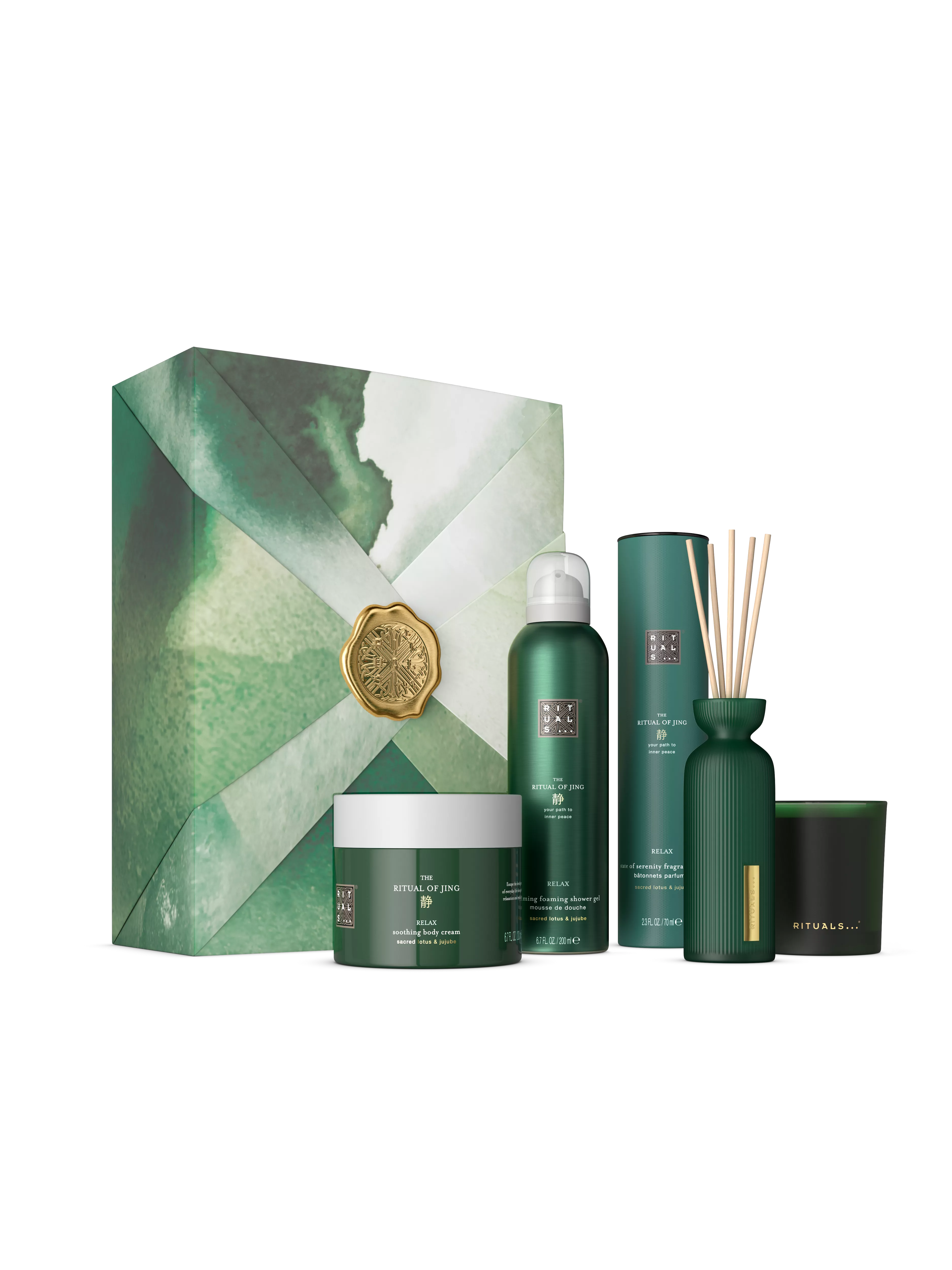 gel de duș spumă 200 ml, cremă de corp 200 ml, lumânare parfumată 140 ml, mini bețișoare parfumate 70 ml, jing, Verde, RITUALS
