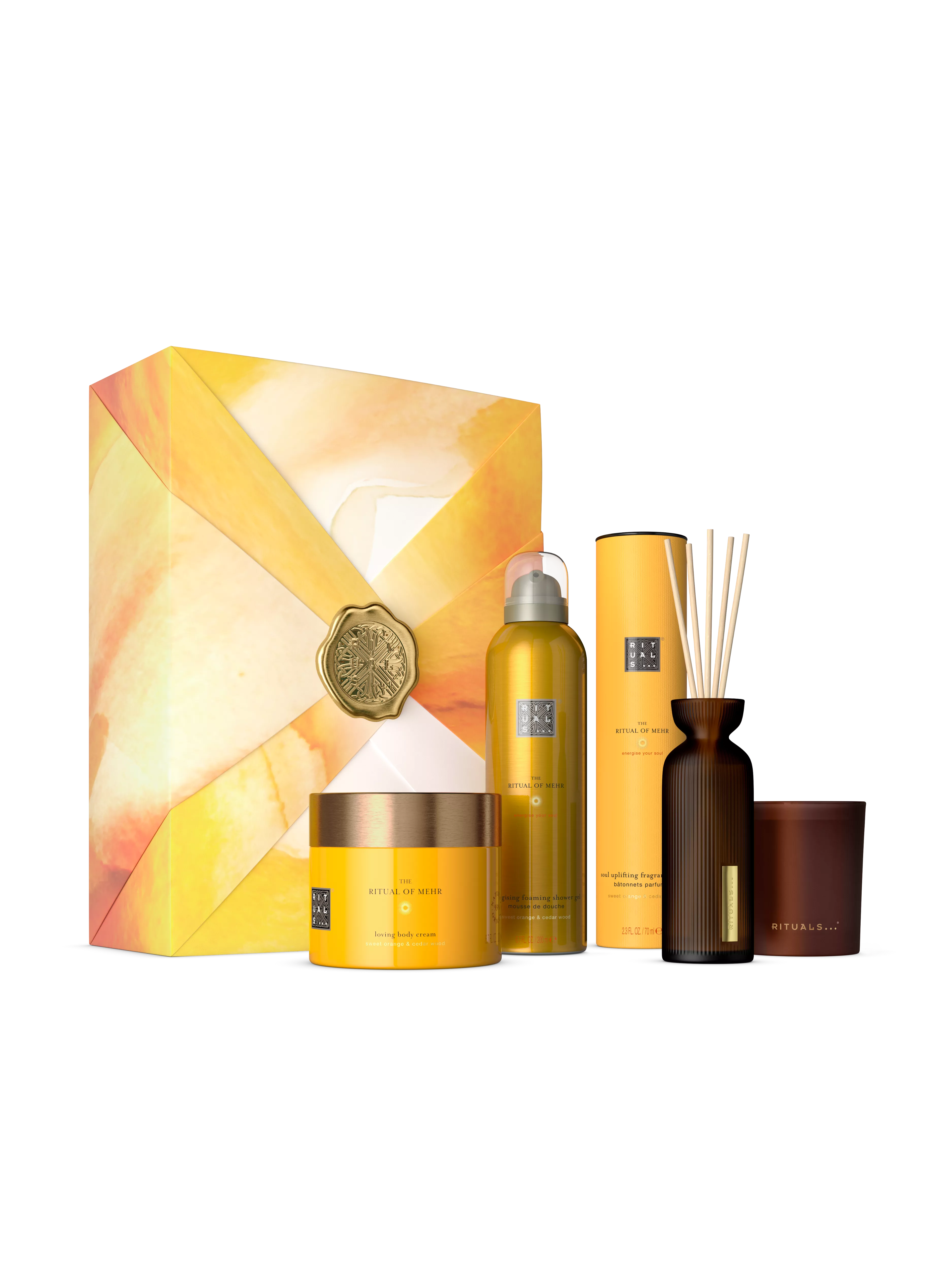 mousse de douche 200 ml, crème pour le corps 200 ml, bougie parfumée 140 g, mini bâtonnets parfumés 70 ml, mehr, Orange, RITUALS