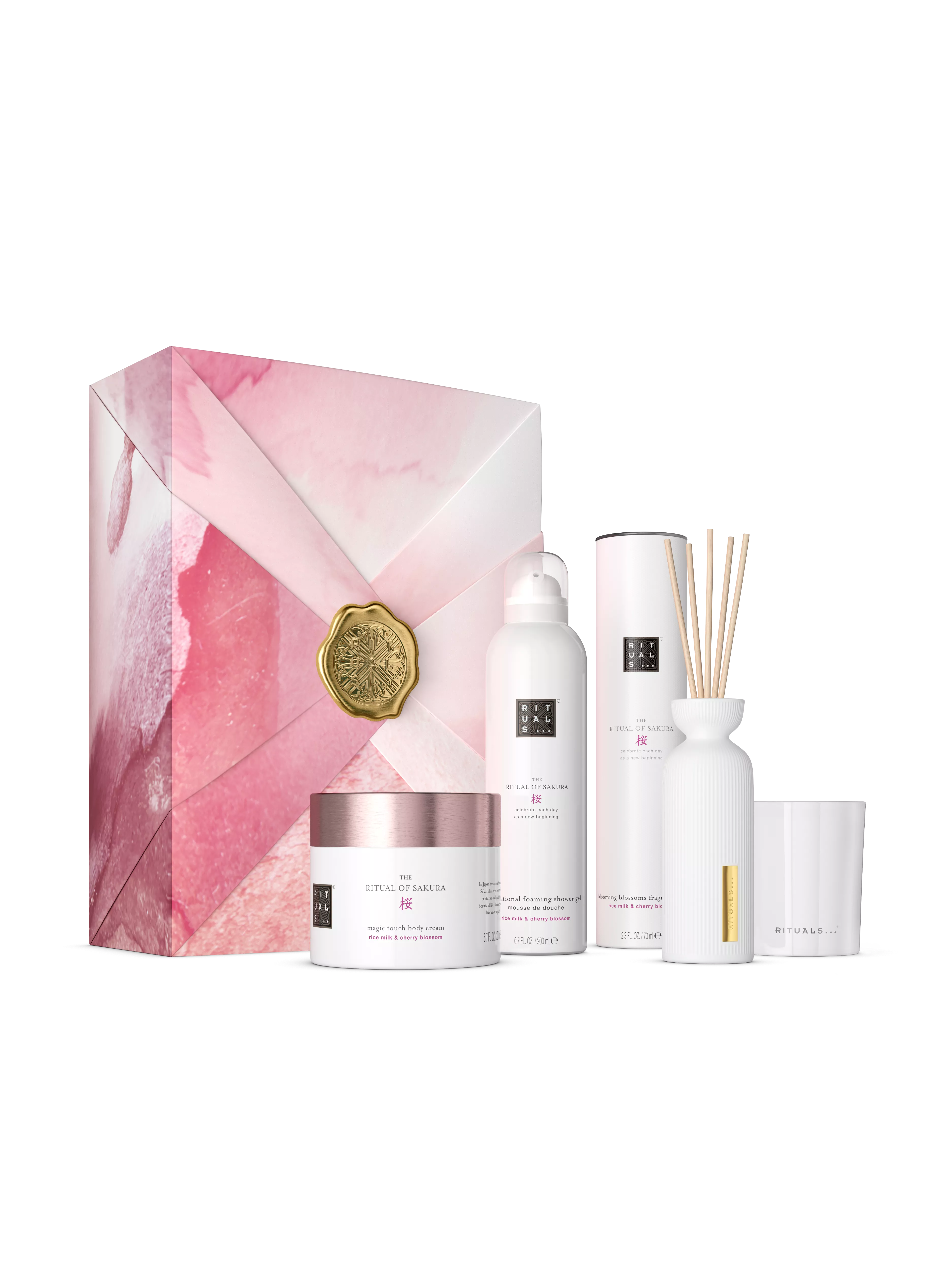 mousse de douche 200 ml, crème pour le corps 200 ml, bougie parfumée 140 g, mini bâtonnets parfumés 70 ml, sakura, Blanc, RITUALS