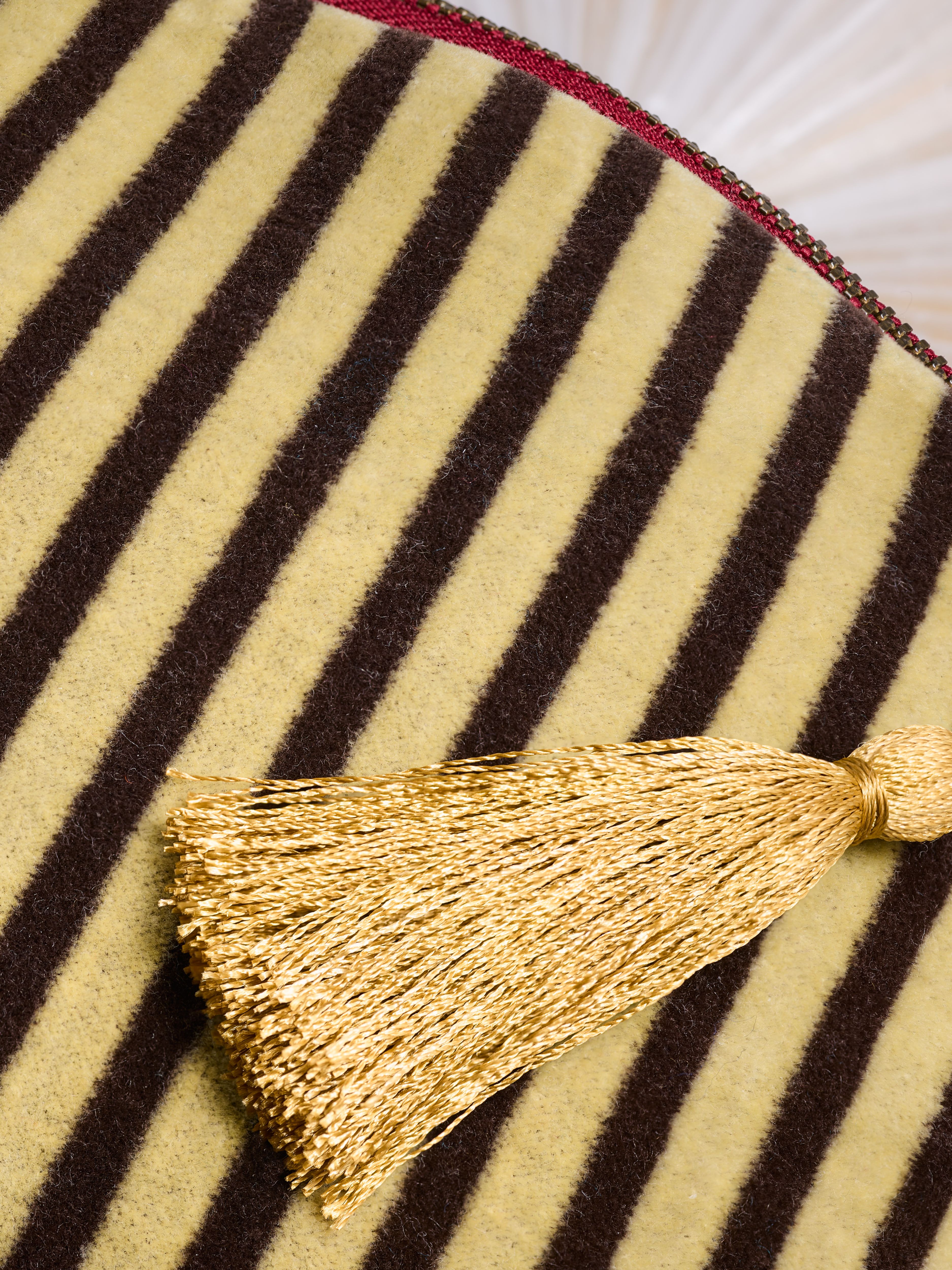 Vellore Small Cotton Velvet Pouch Jade Green Stripe Lifestyle with Product Elements