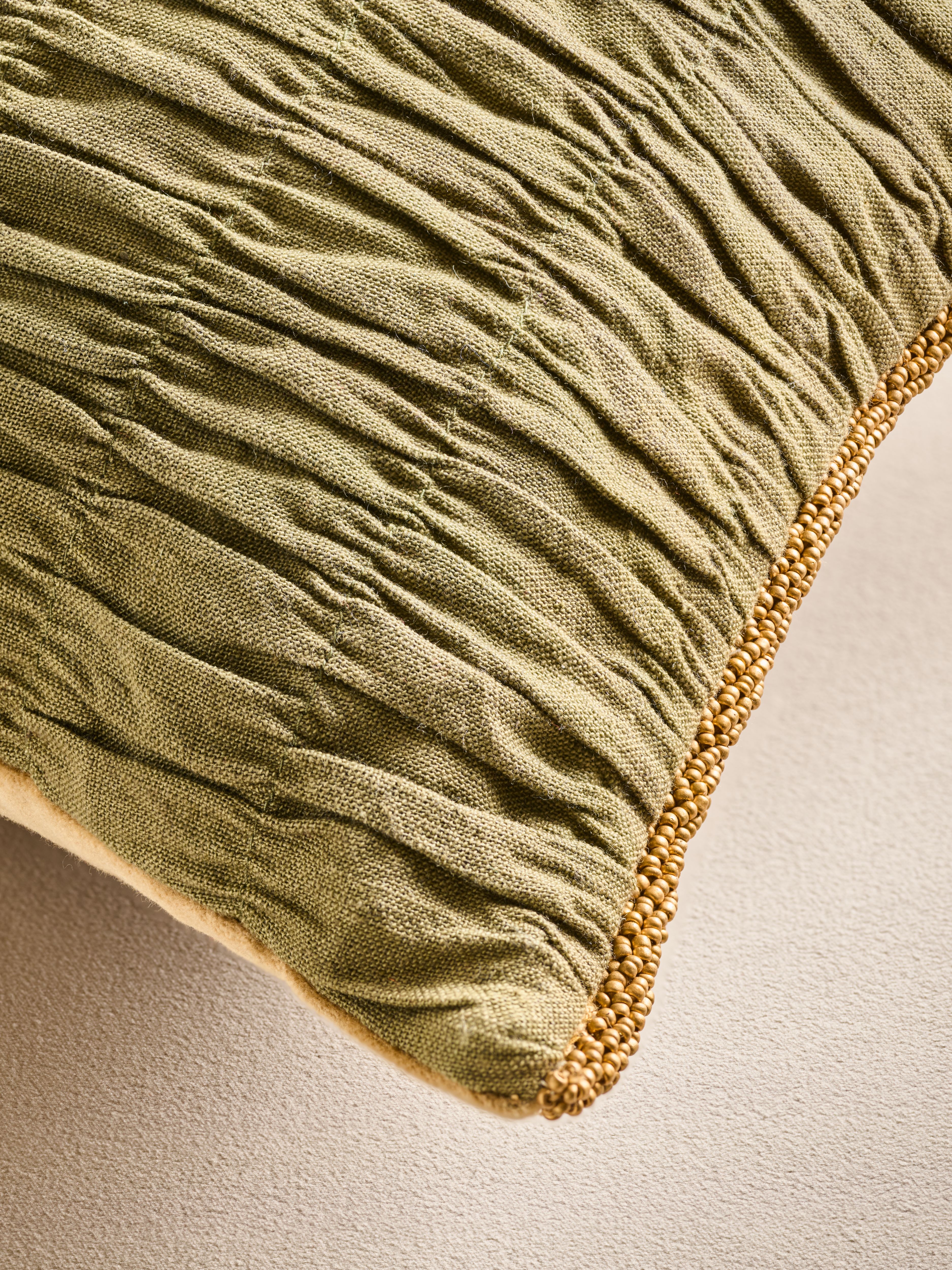Vellore Cushion Cover Smocked Green 50 x 30cm Lifestyle with Product Elements