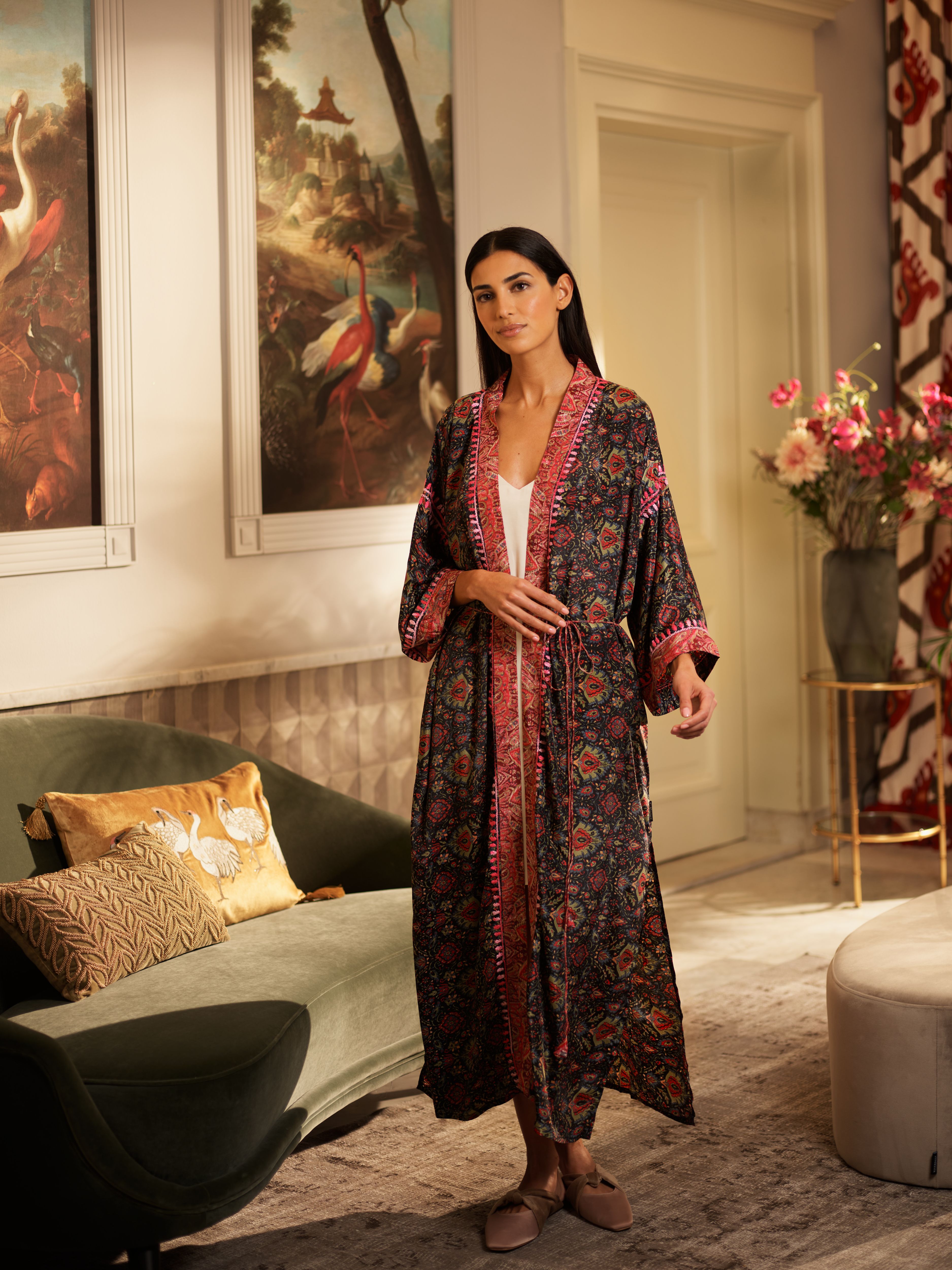 Jaypur Saree Kimono Pomegranate Long Lifestyle with Model and Packshot