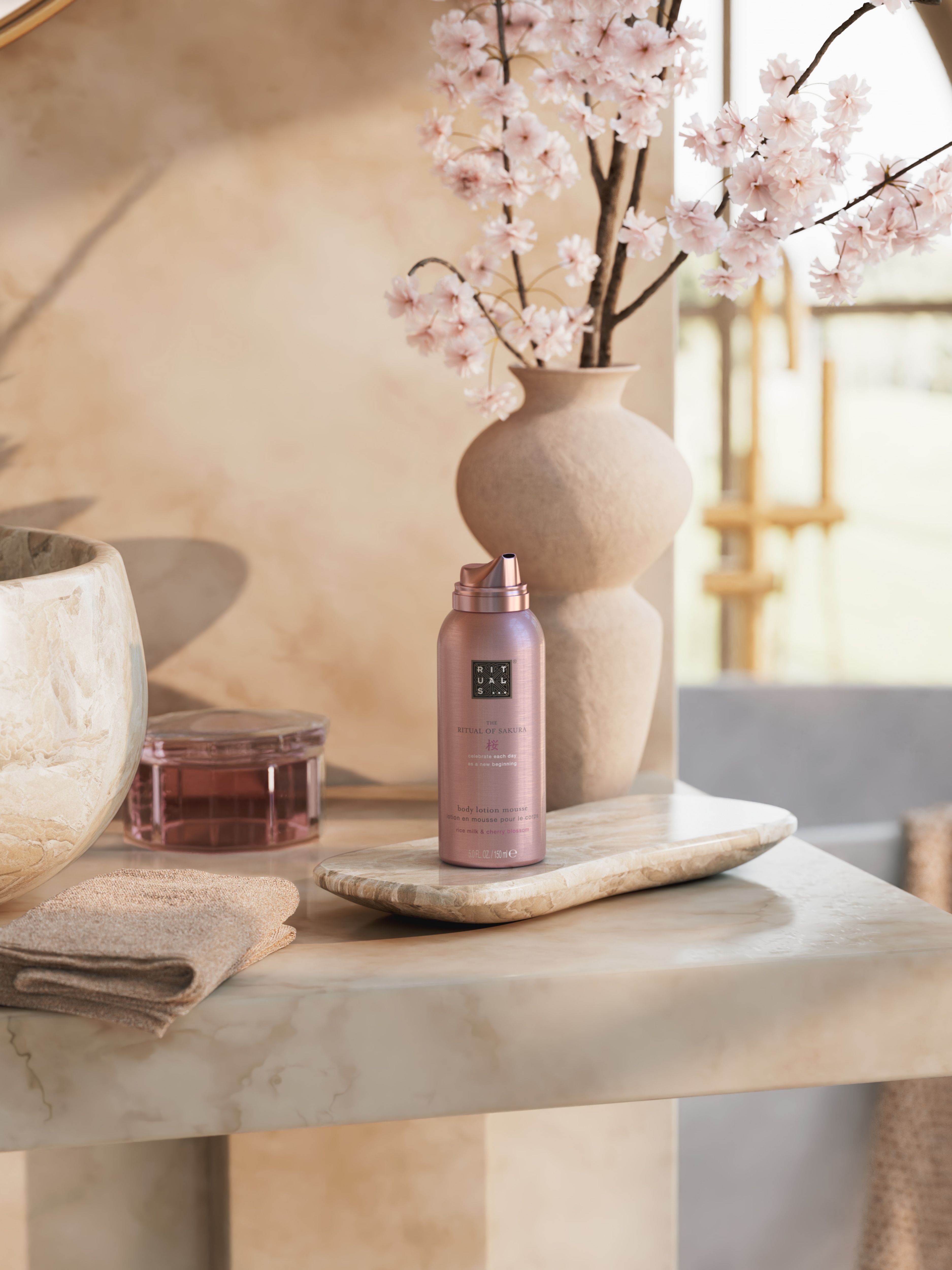 The Ritual of Sakura Body Lotion Mousse Lifestyle with Product