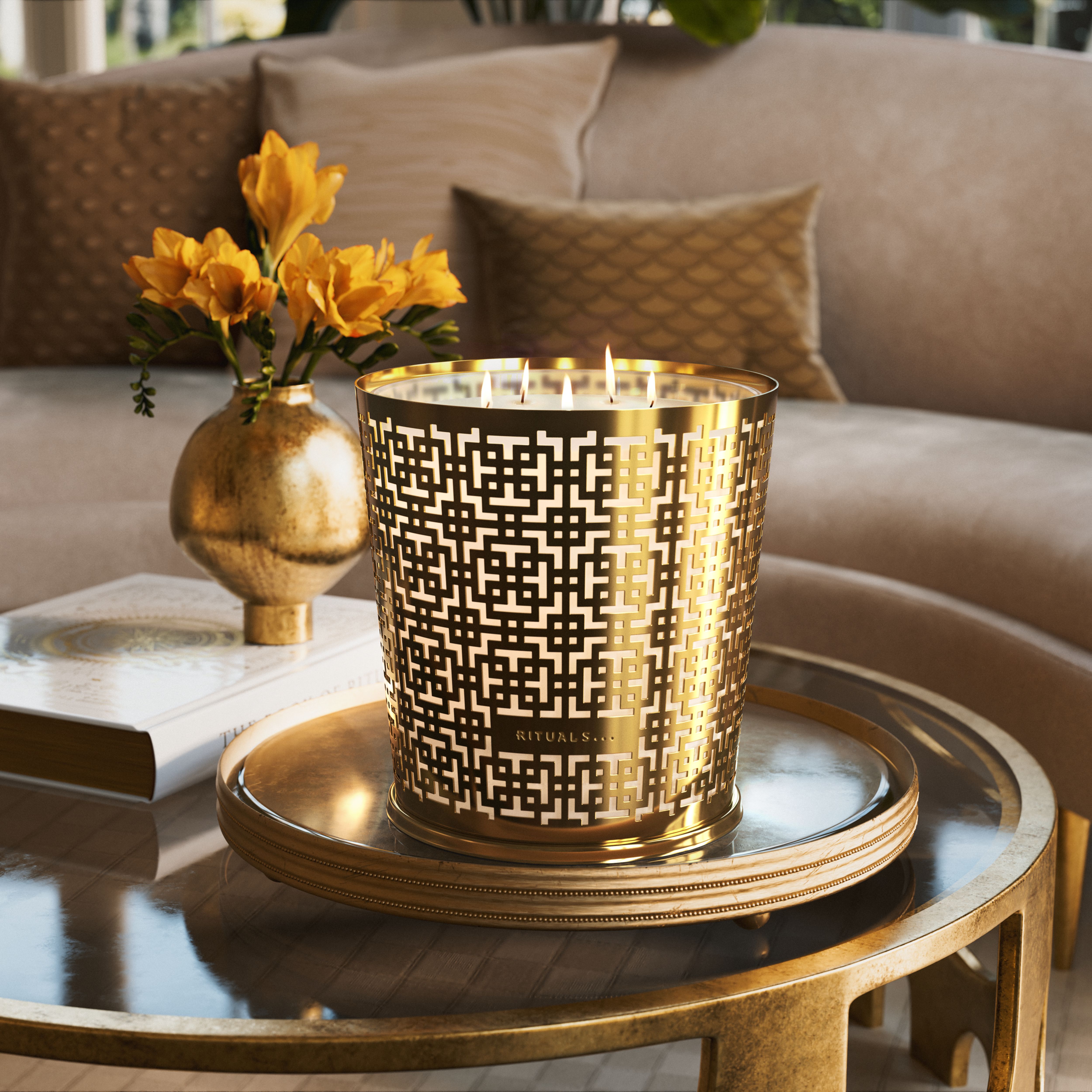Black Oudh Scented Candle & Metal Window Gold sleeve 2500g Lifestyle with Product