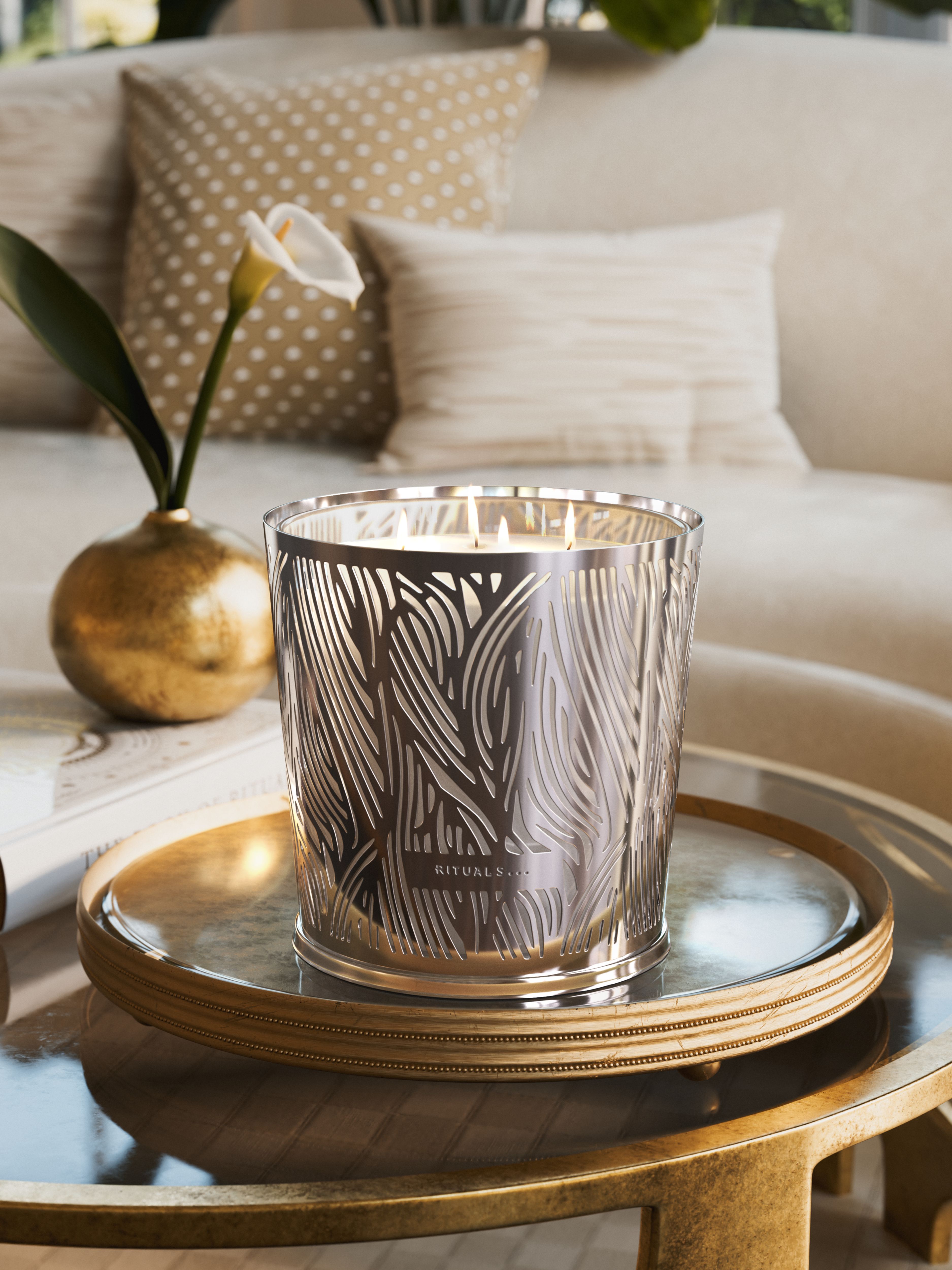 Orris Mimosa Scented Candle & Metal Leaves Silver sleeve 160 Lifestyle with Product