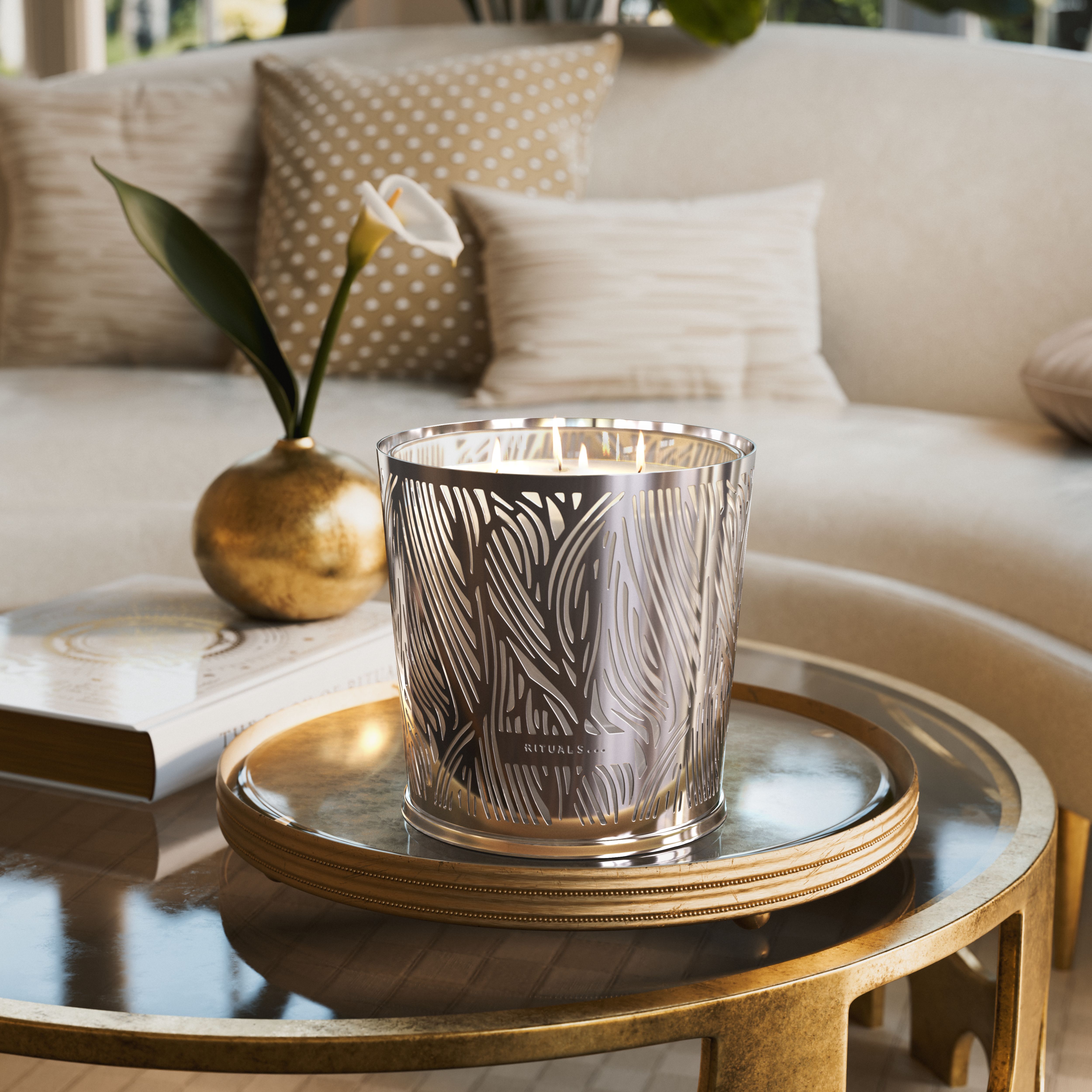 Orris Mimosa Scented Candle & Metal Leaves Silver sleeve 160 Lifestyle with Product