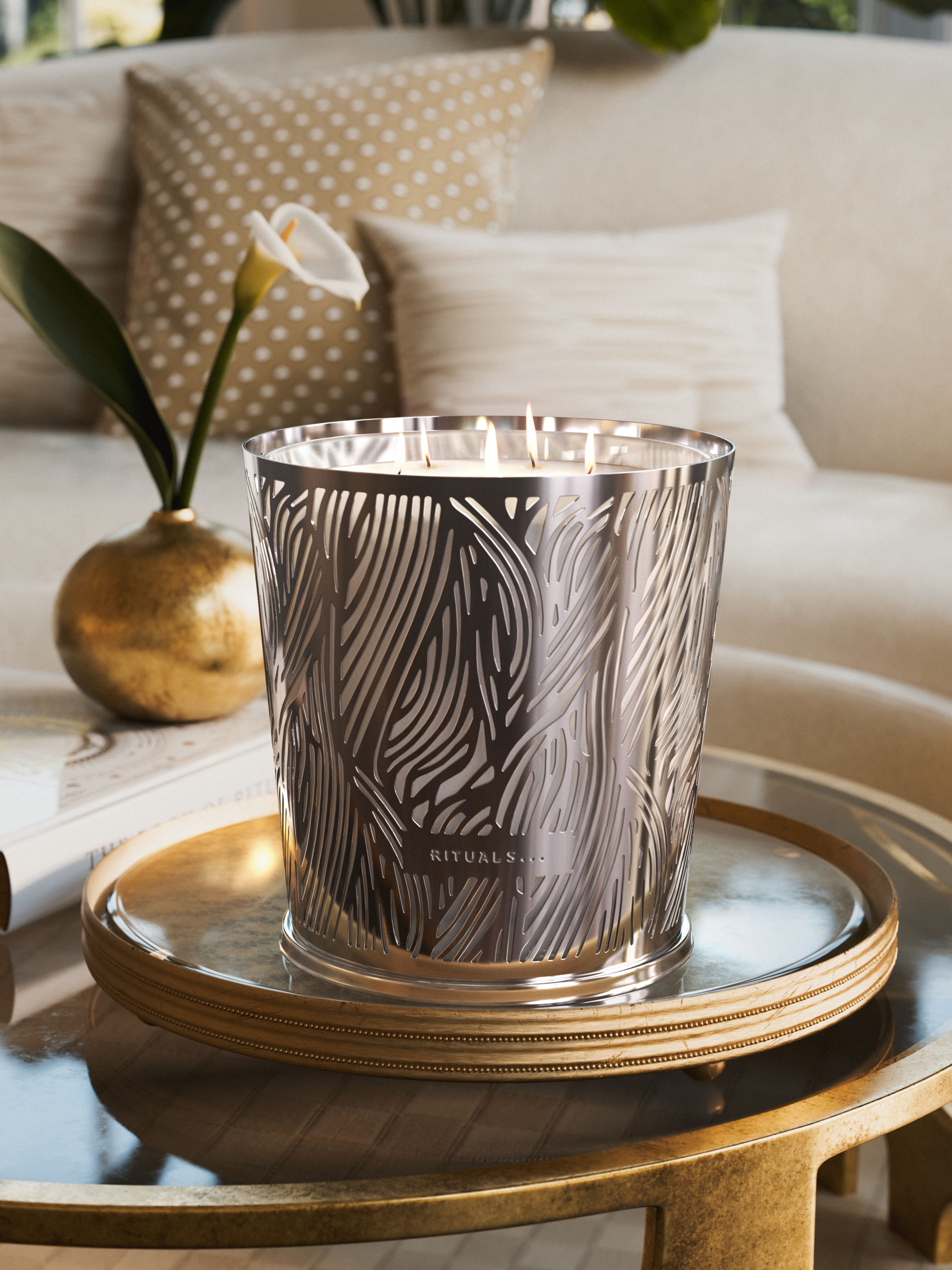 Orris Mimosa Scented Candle & Metal Leaves Silver sleeve 250 Lifestyle with Product