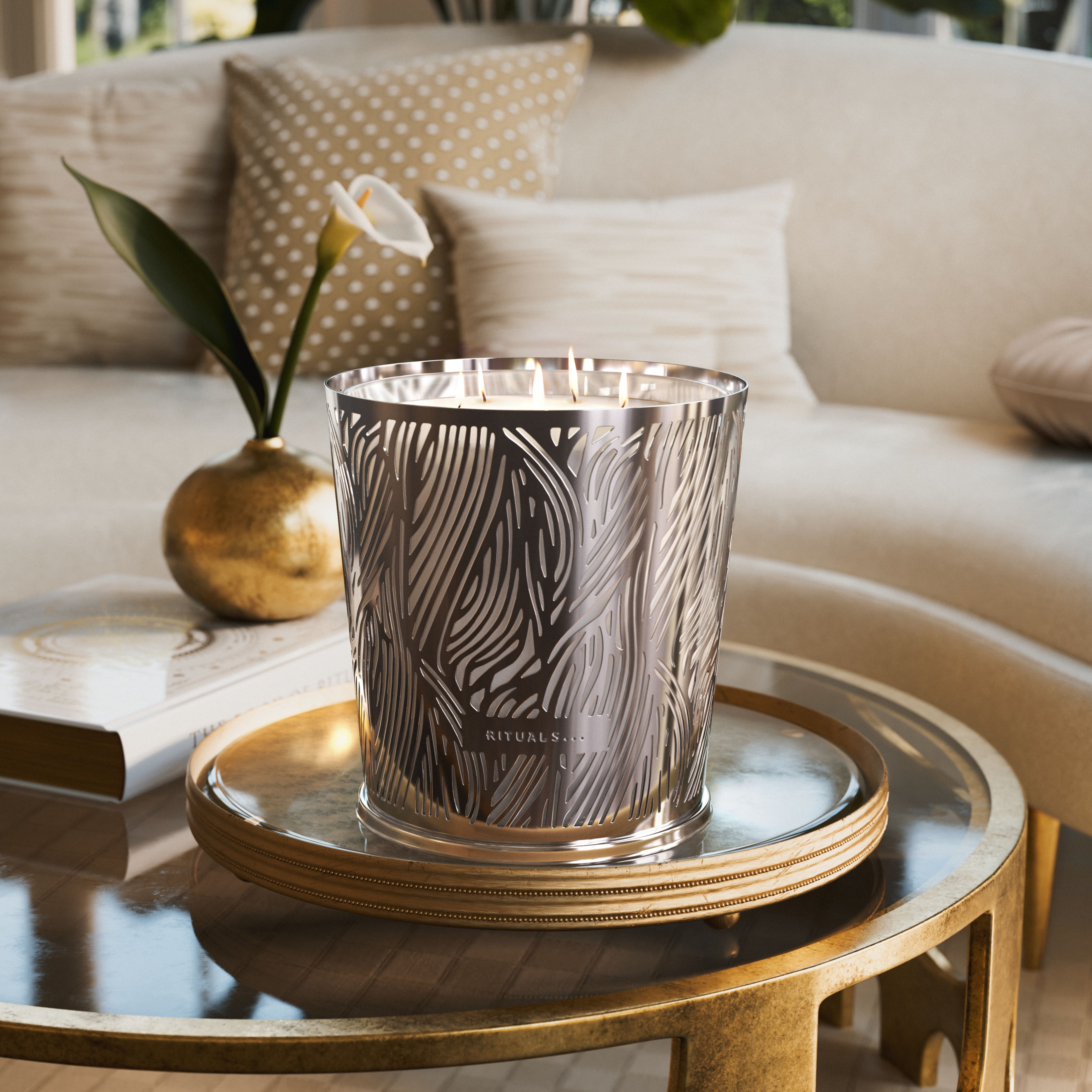 Orris Mimosa Scented Candle & Metal Leaves Silver sleeve 250 Lifestyle with Product