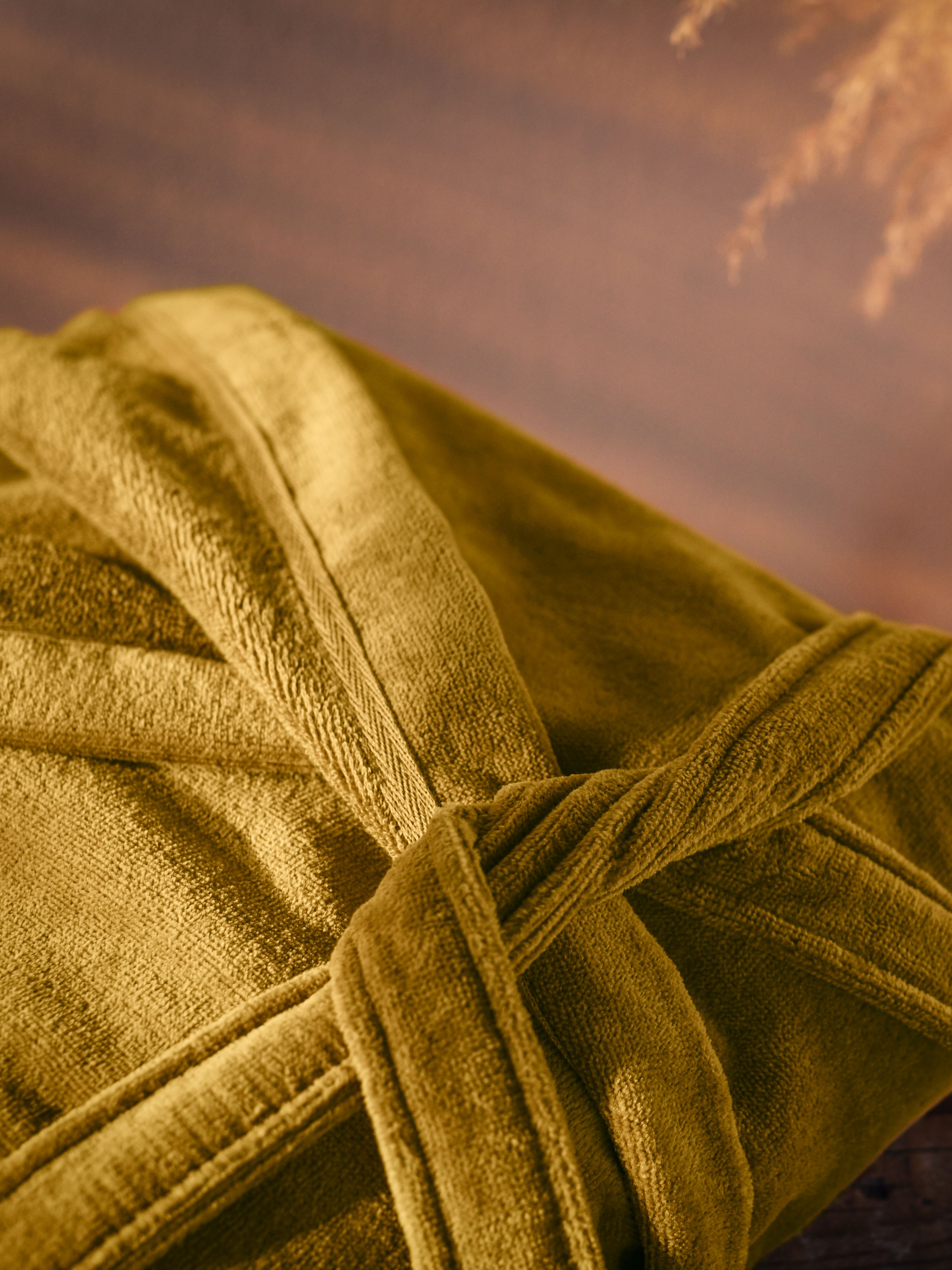 Super Smooth Cotton Bathrobe Women Mustard S Lifestyle with Product Elements