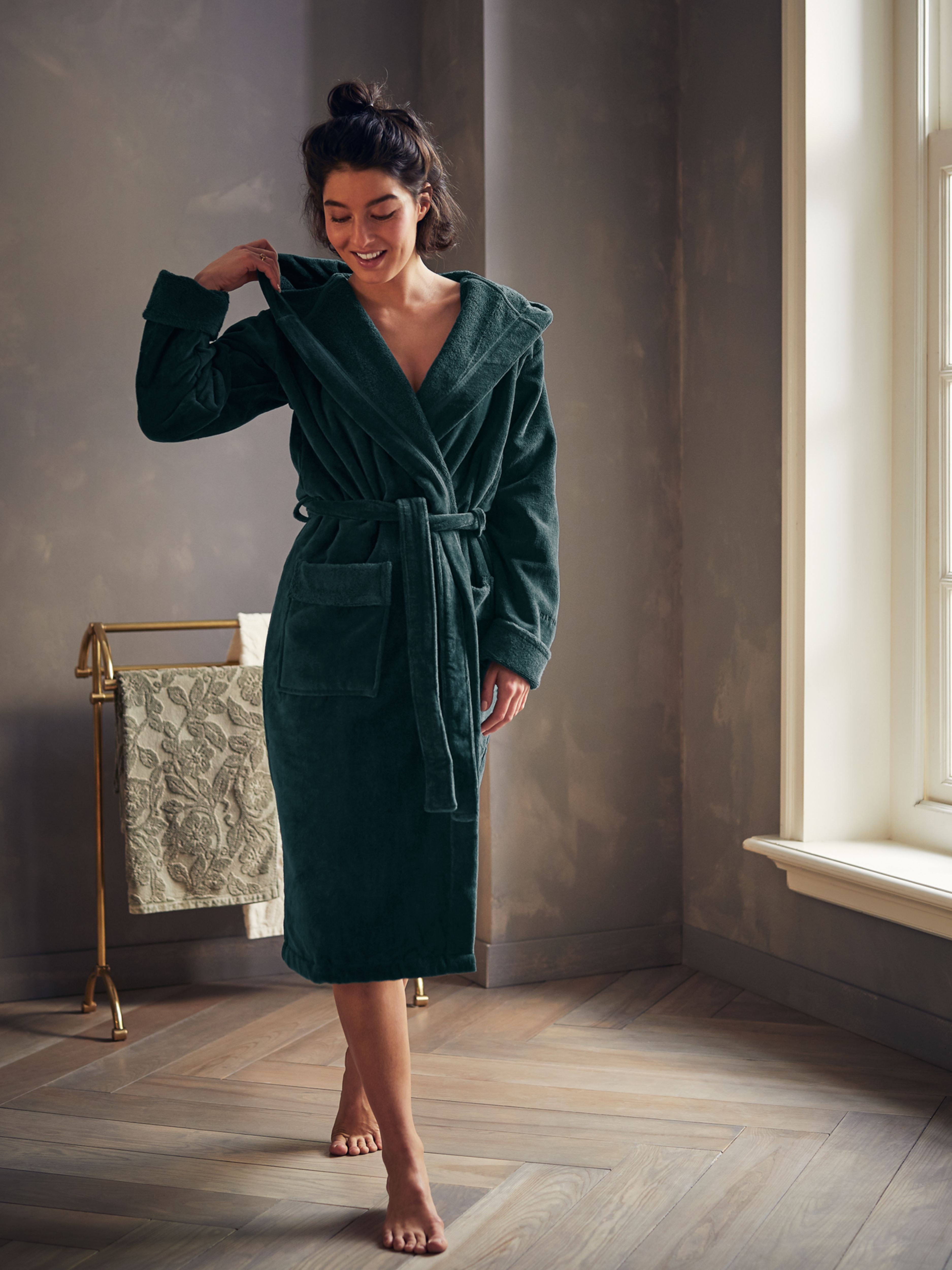 Super Smooth Cotton Bathrobe Women Petrol S Lifestyle with Model and Packshot