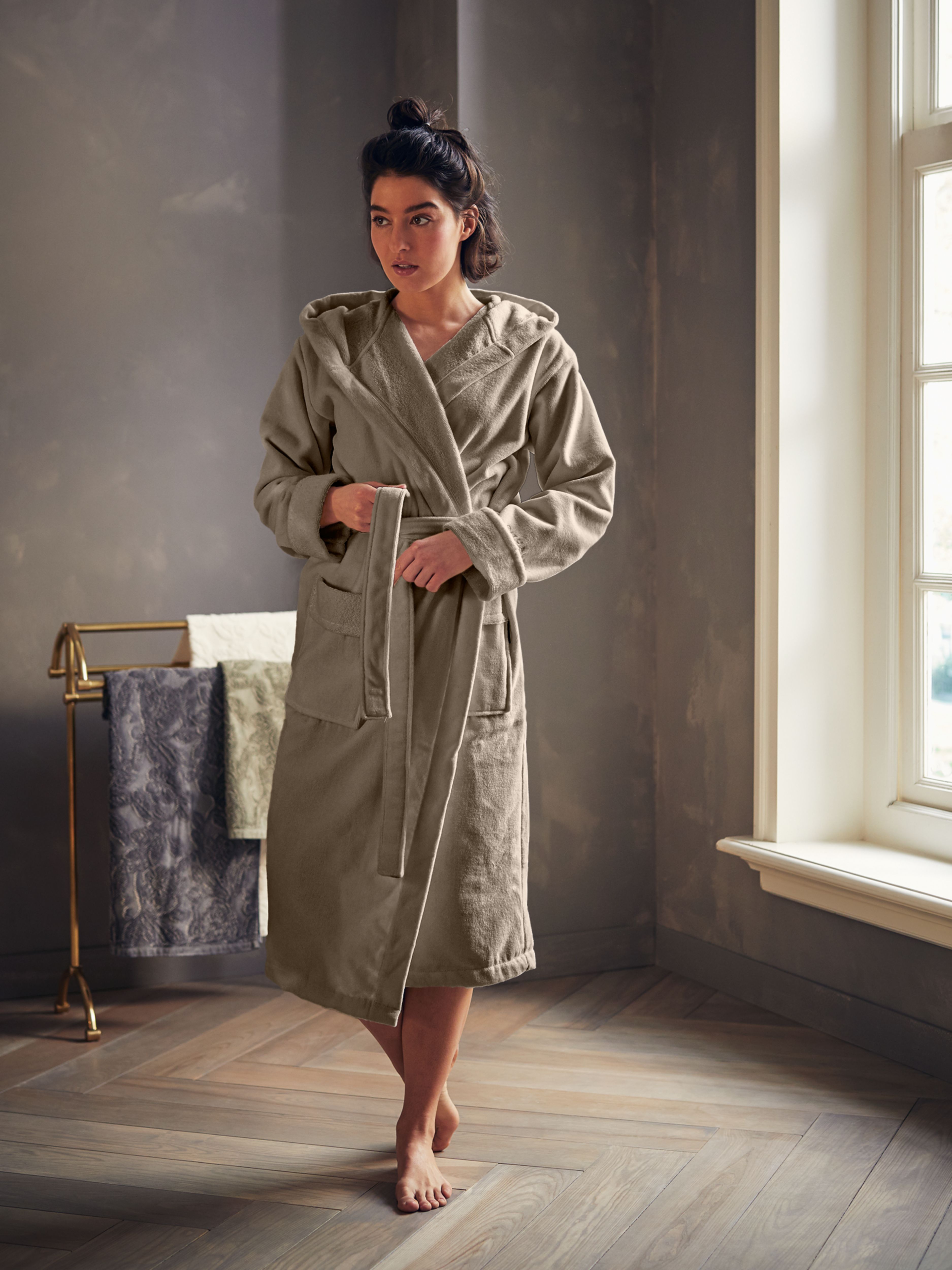 Super Smooth Cotton Bathrobe Women Sand S Lifestyle with Model and Packshot
