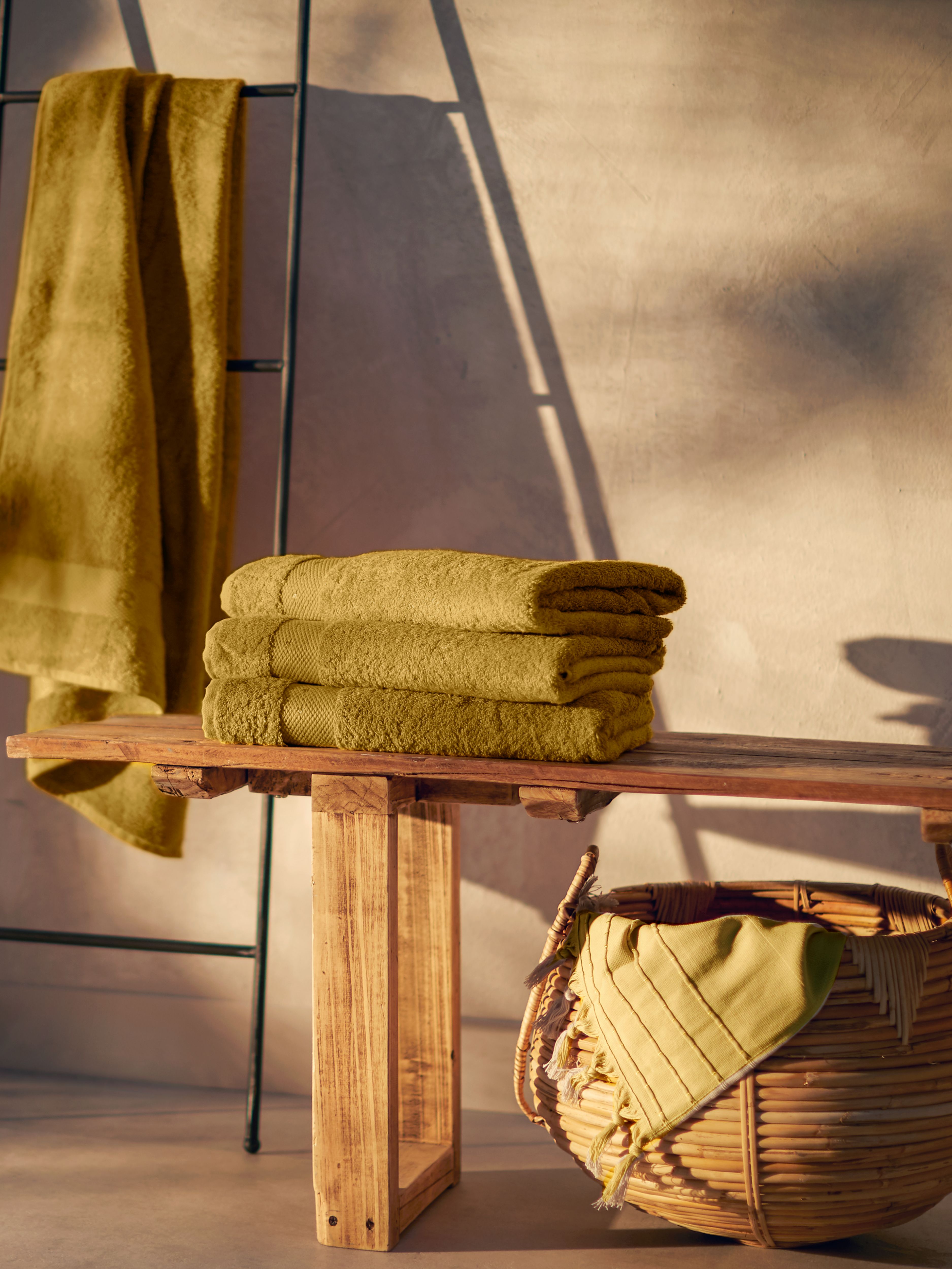 Super Smooth Cotton Bath Towel 70x140cm Mustard Lifestyle with Product