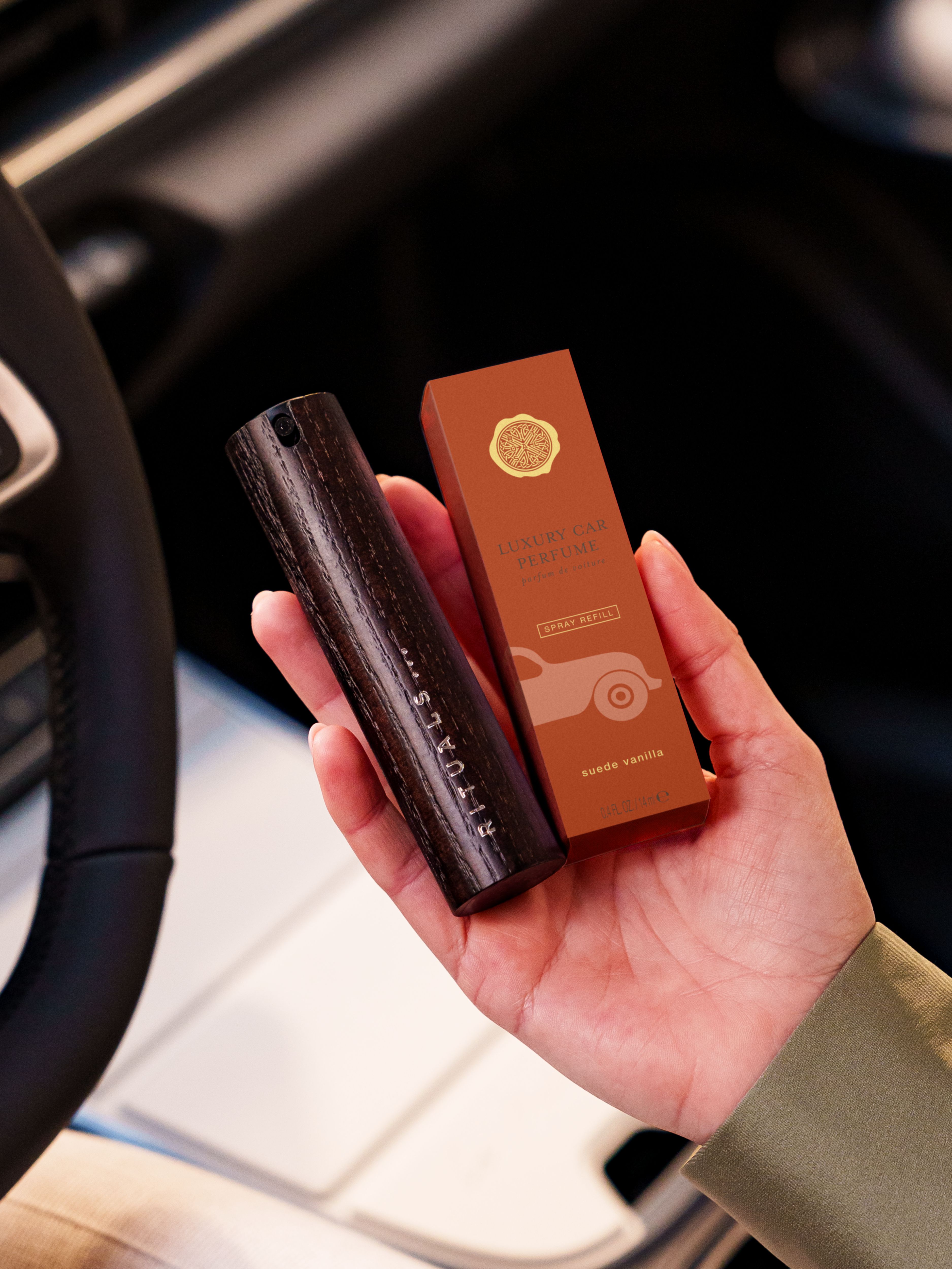 Suede Vanilla Car Perfume Lifestyle with Product