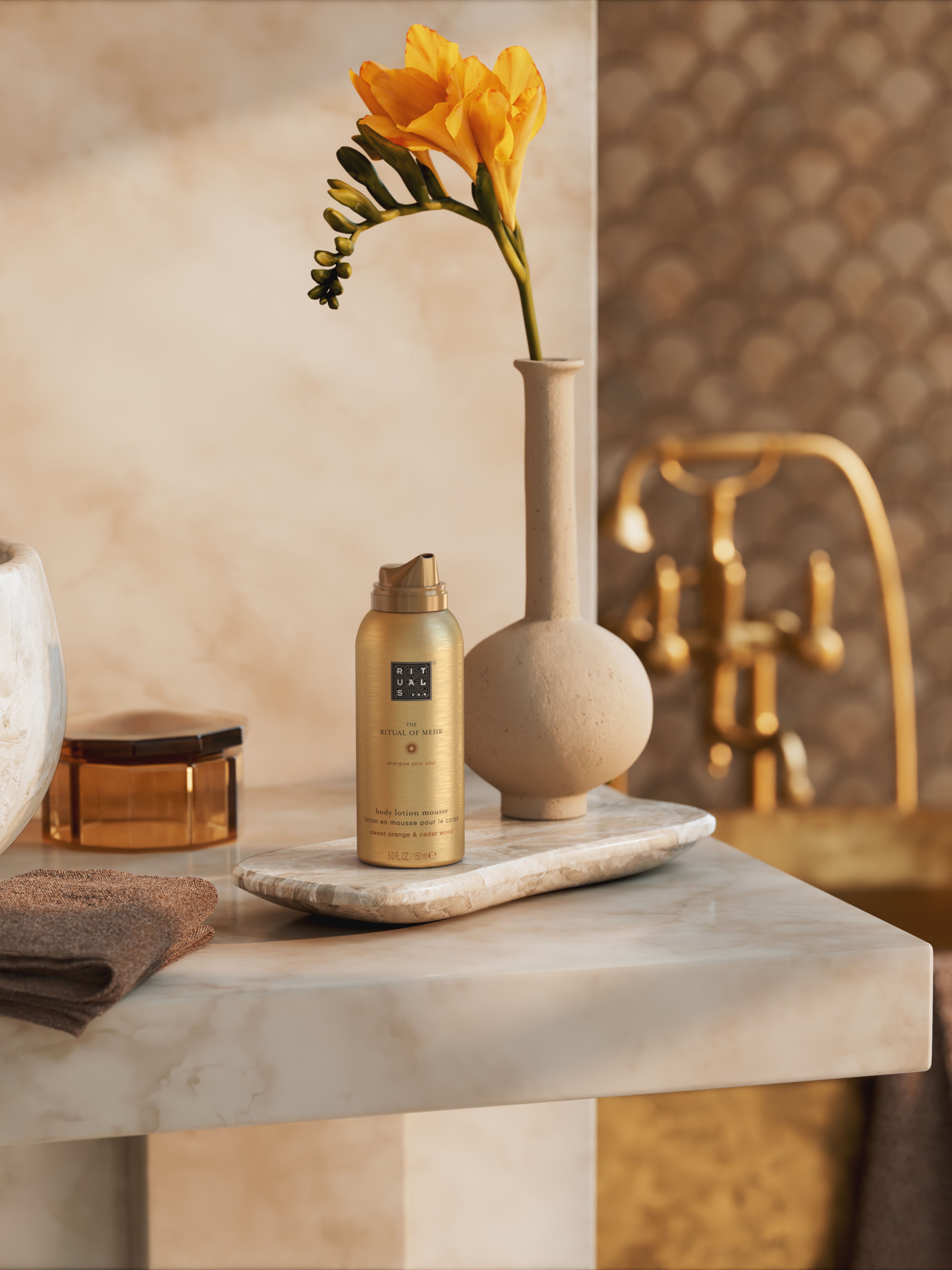 The Ritual of Mehr Body Lotion Mousse Lifestyle with Product