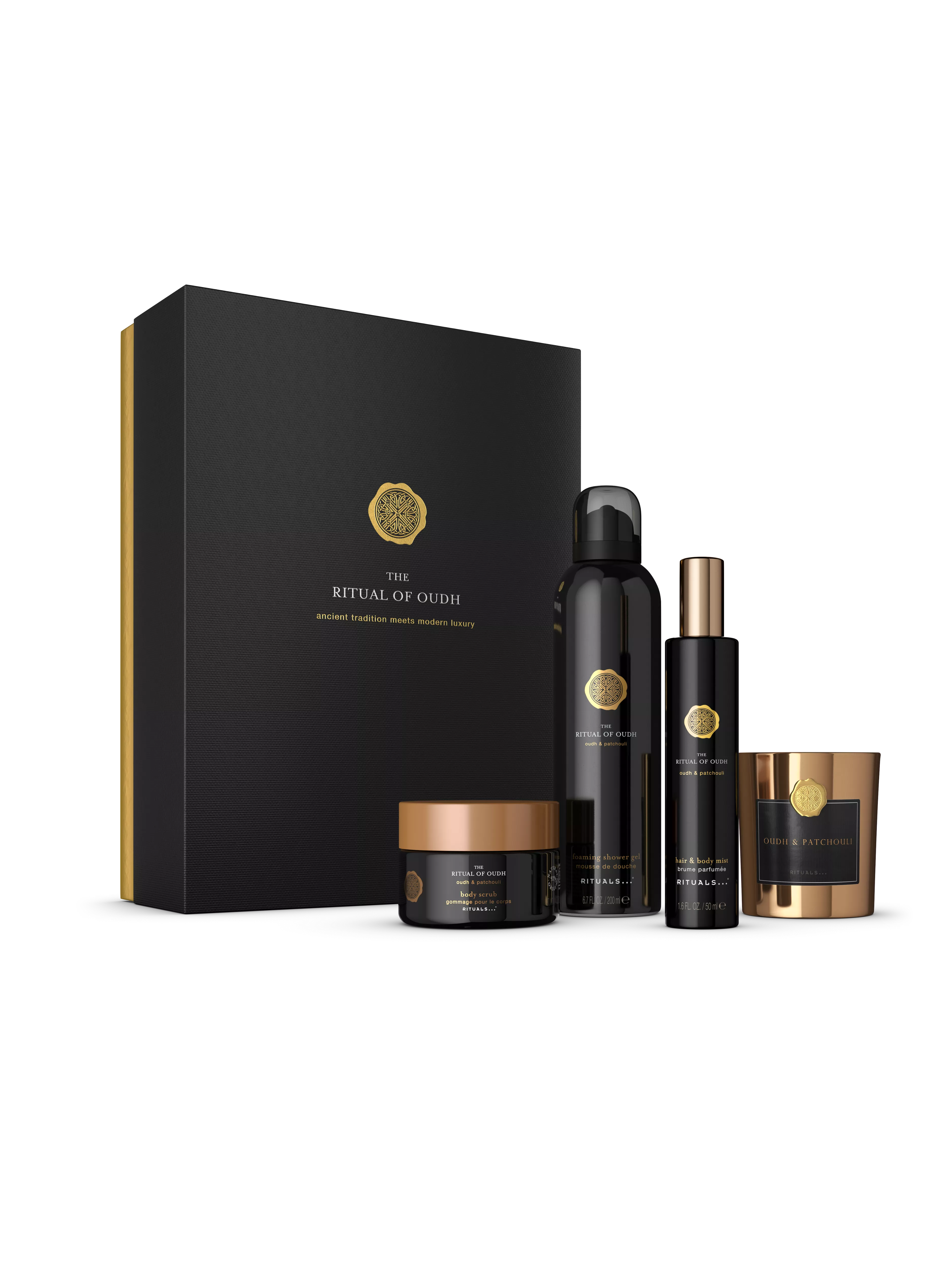 mousse de douche 200 ml, brume parfumée pour le corps et les cheveux 50 ml, bougie parfumée 140 g, gommage pour le corps 125 g, oudh, Black, RITUALS