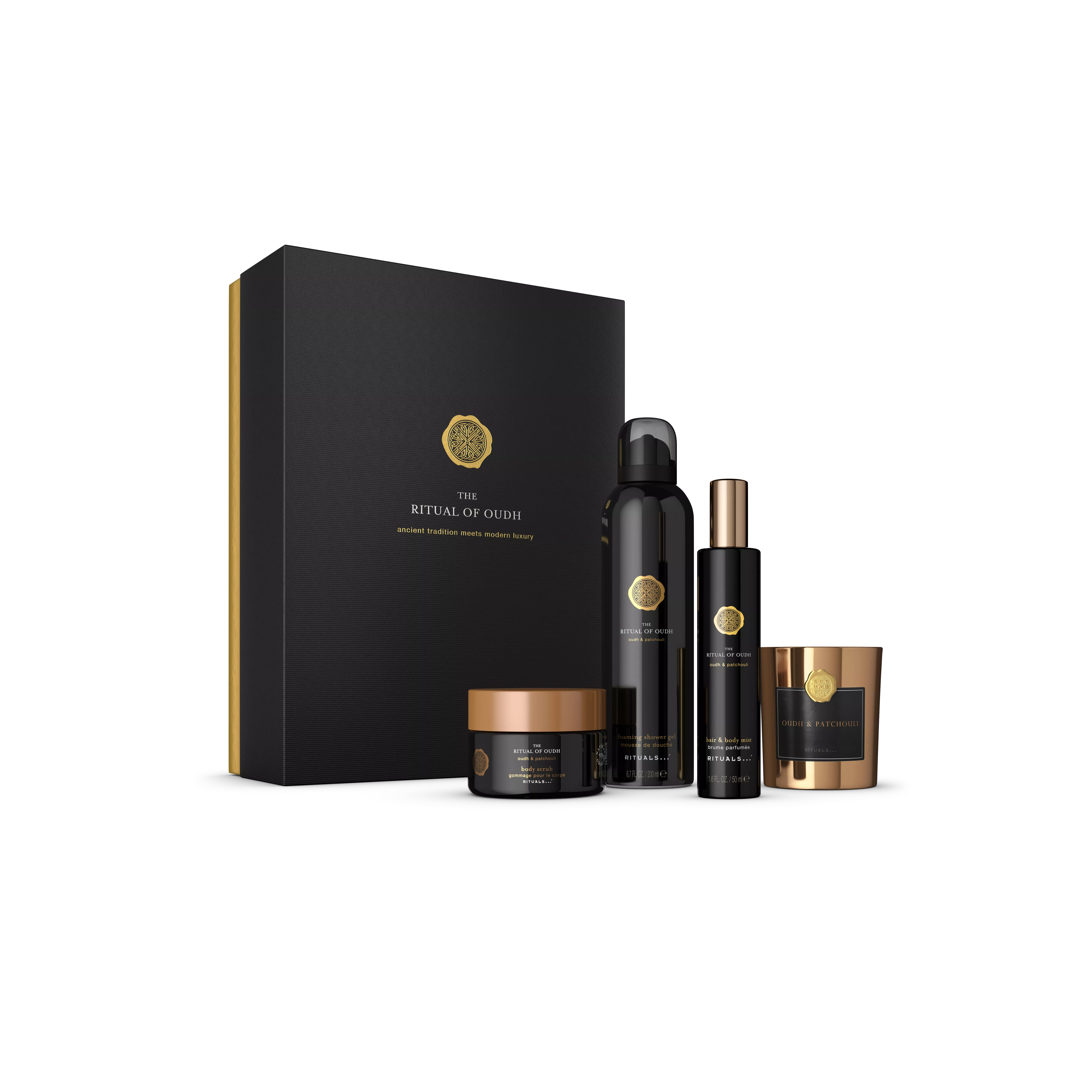 Duschschaum 200 ml, Haar- und Körperspray 50 ml, Duftkerze 140 g, Körperpeeling 125 g, oudh, Black, RITUALS