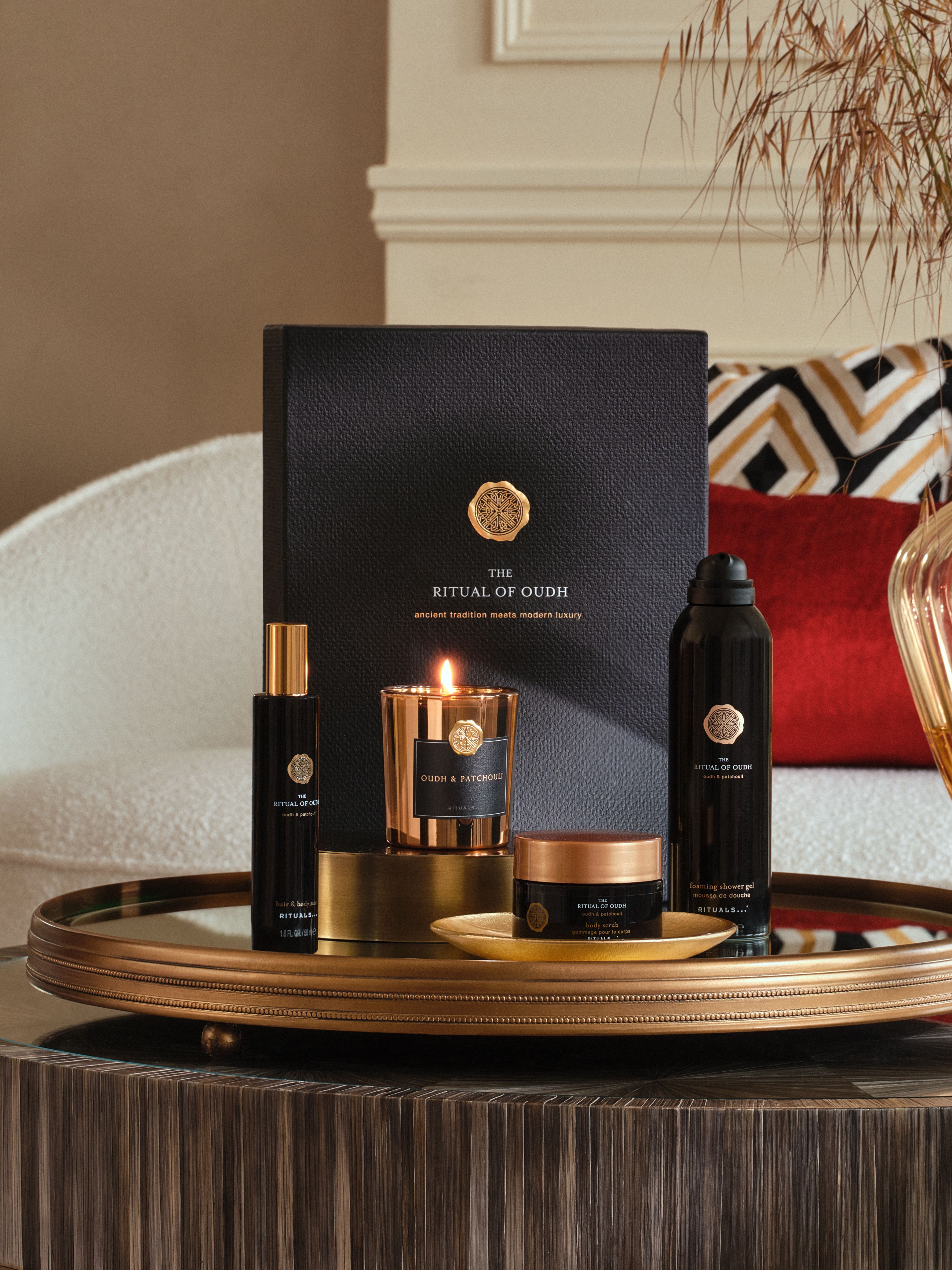The Ritual of Oudh Gift Set Lifestyle with Closed Pack