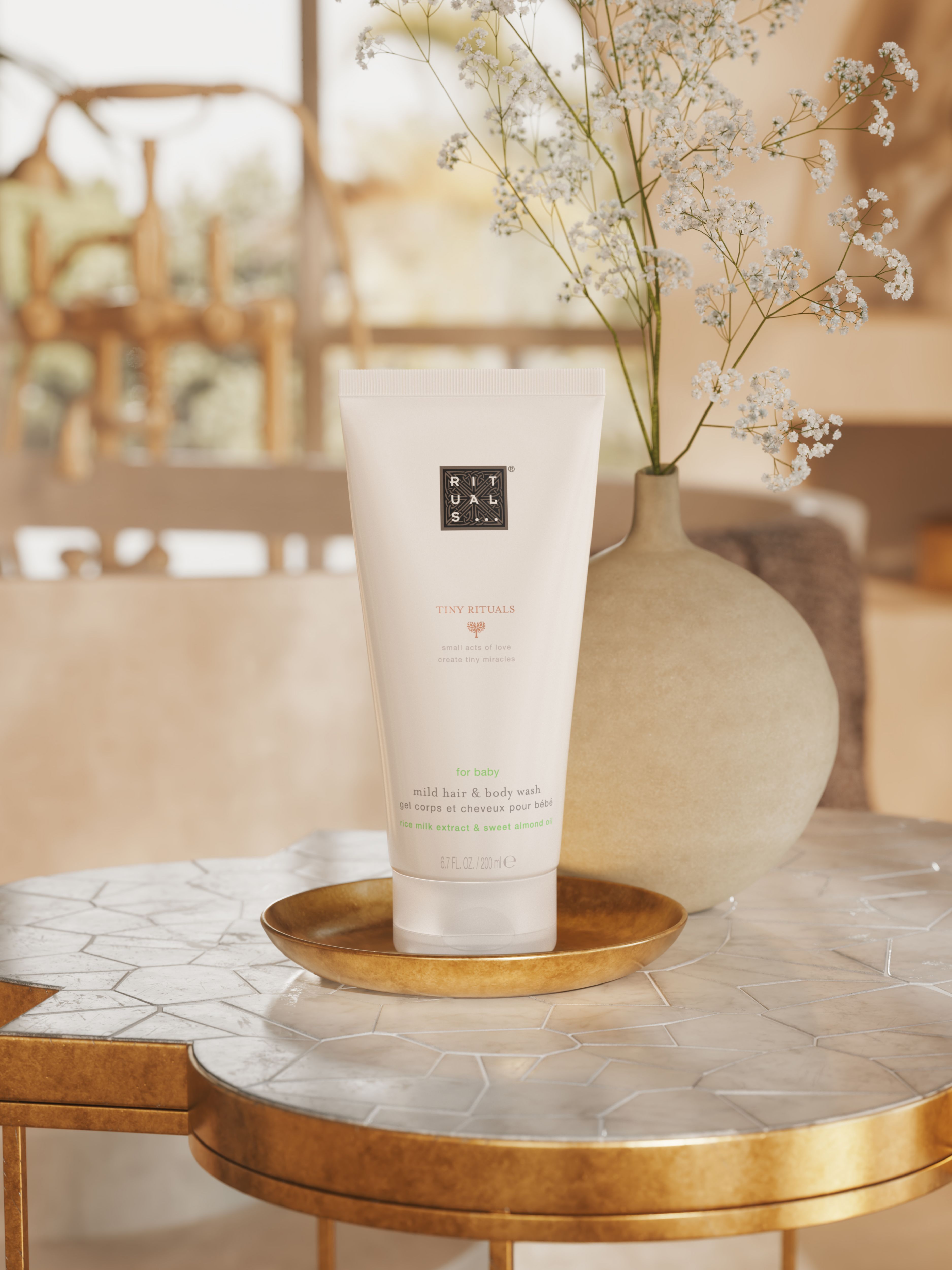 Tiny Rituals Baby Hair & Body Wash Lifestyle with Product