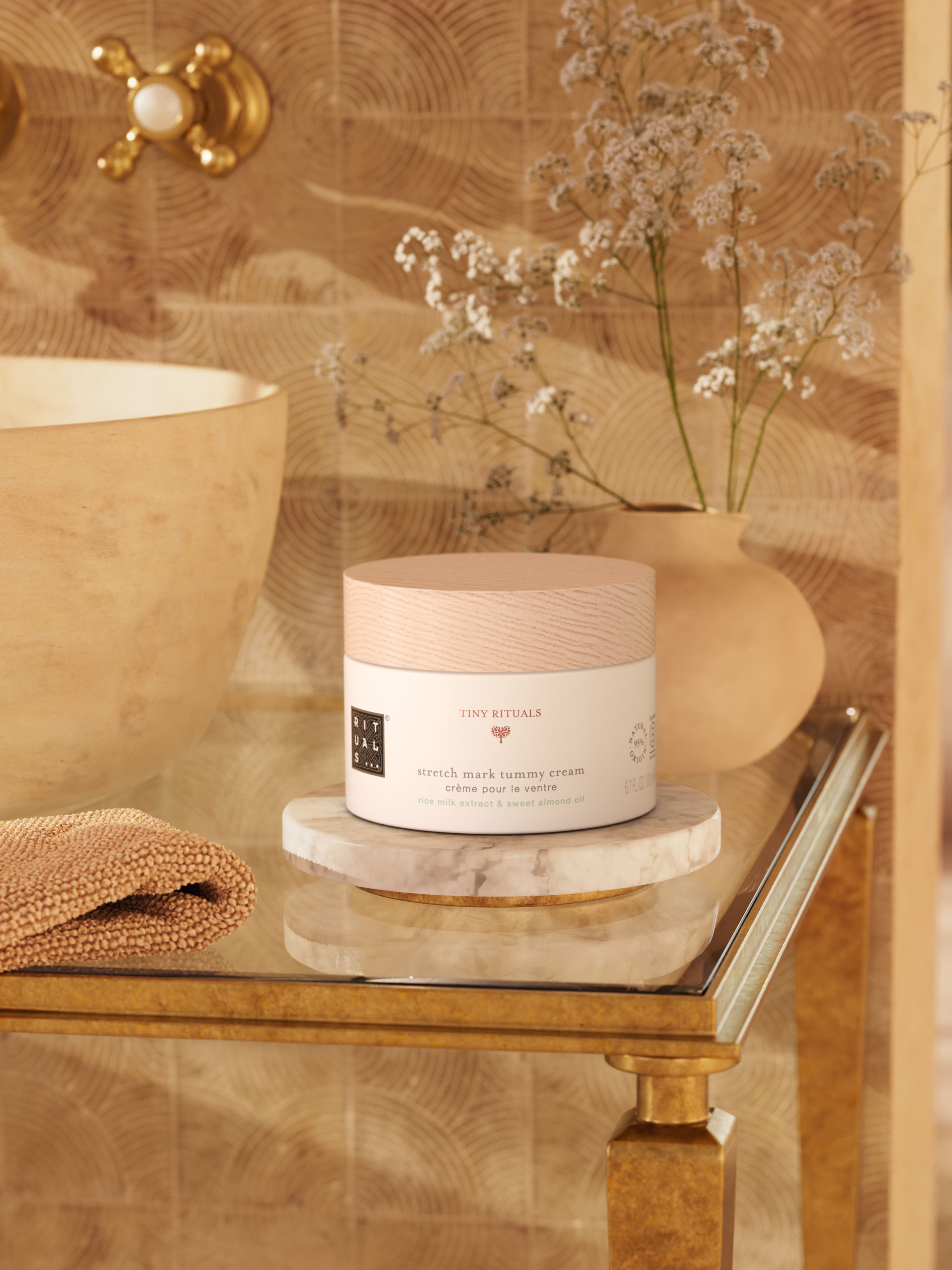 Tiny Rituals Anti Stretchmark Cream Lifestyle with Product