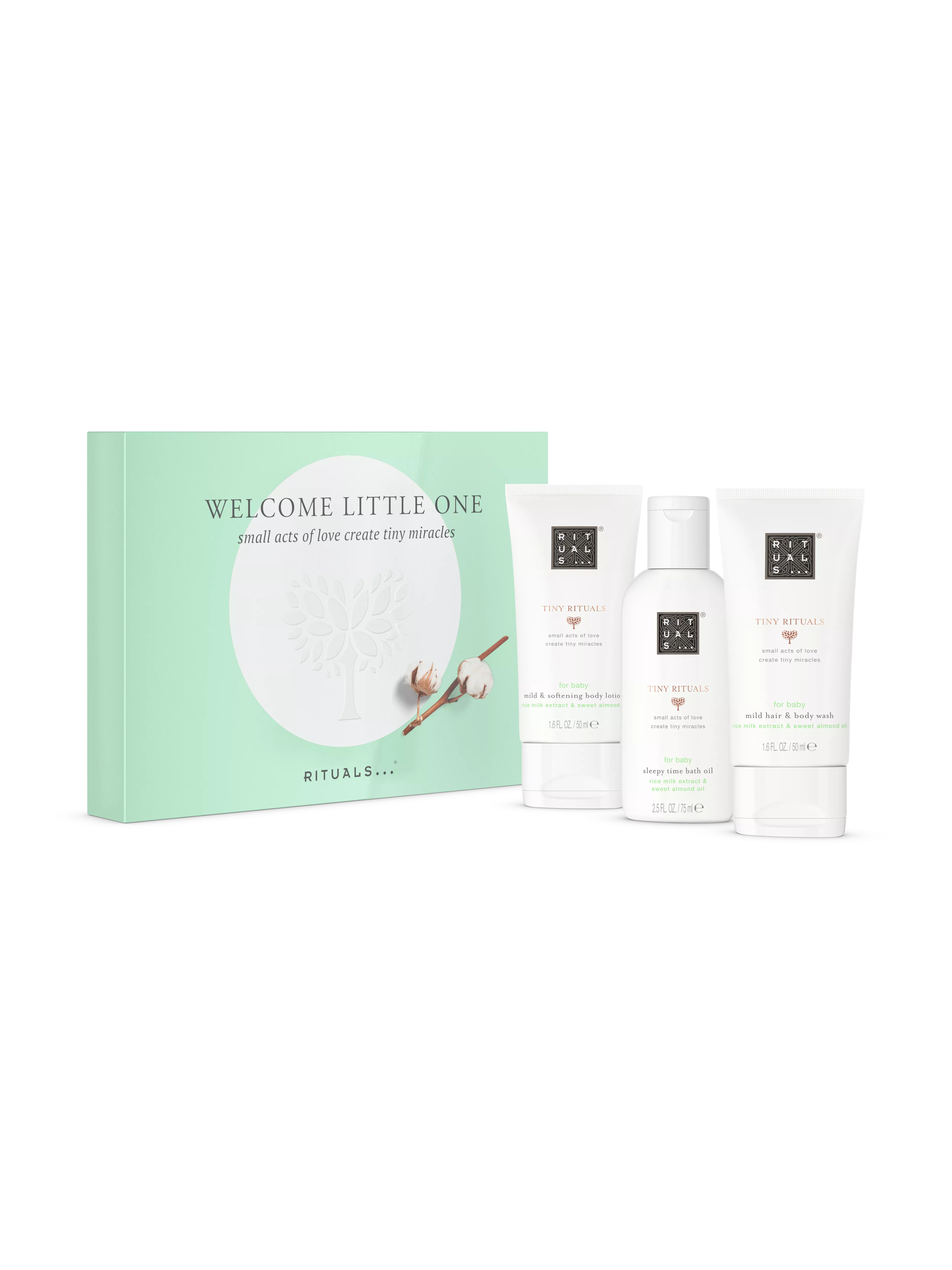 coffret cadeau pour bébé : gel douche pour le corps et les cheveux 50 ml, huile de bain 75 ml, lait corps pour bébé 50 ml, tinyrituals, Blanc, s gr, RITUALS