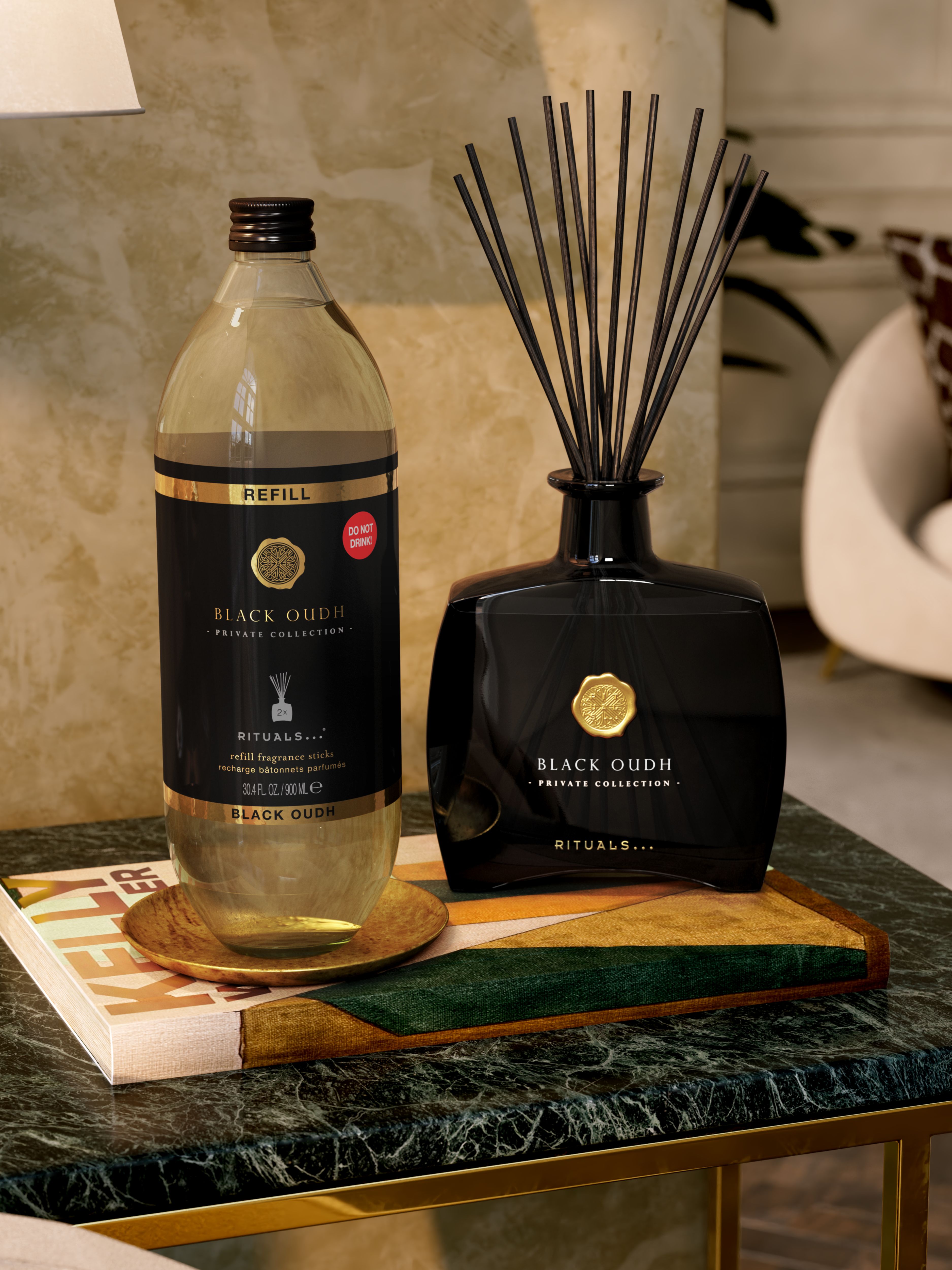 Black Oudh Refill Fragrance Sticks 900ml Lifestyle with Product