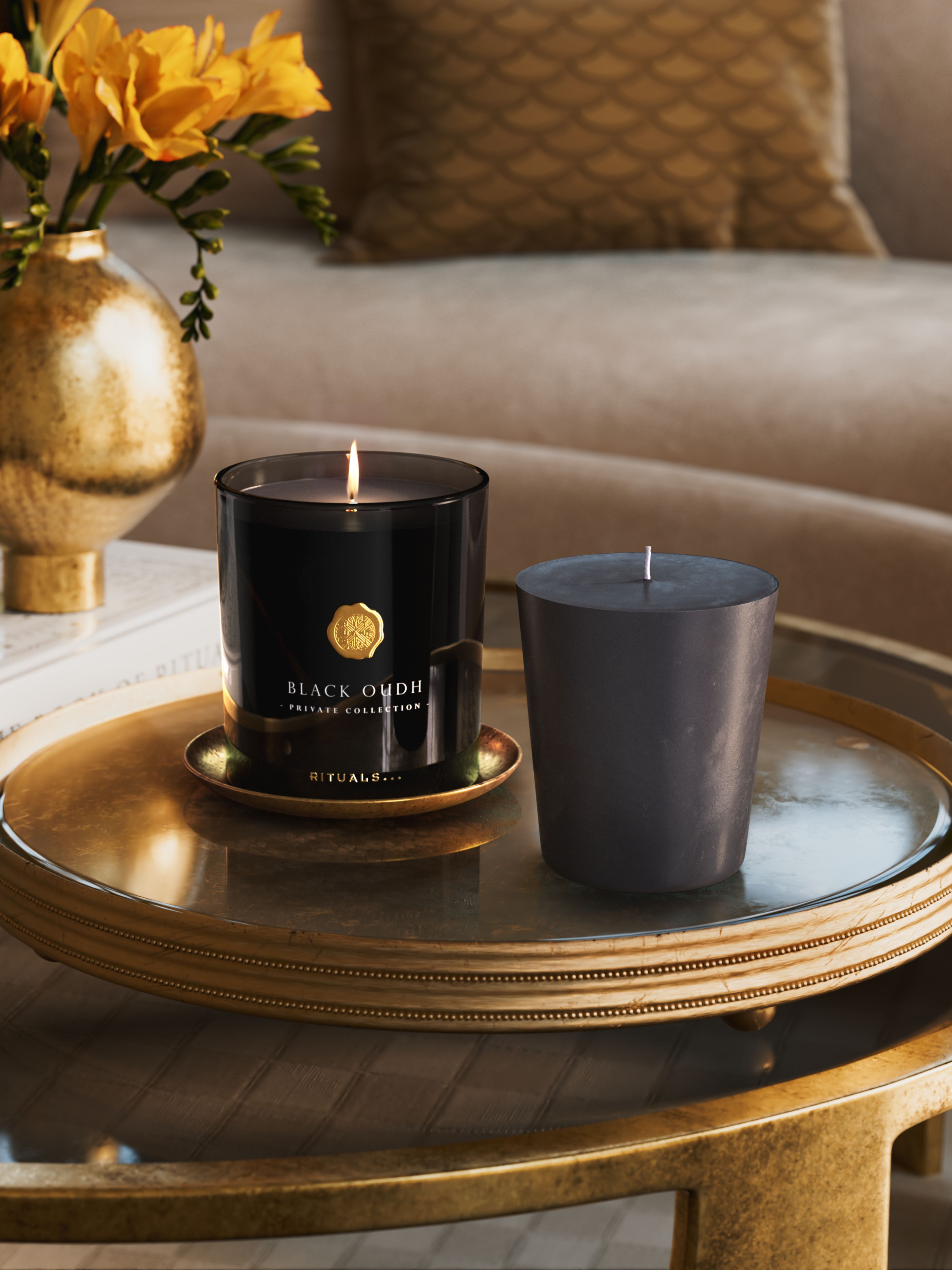 Black Oudh Refill Scented Candle 360g Lifestyle with Product