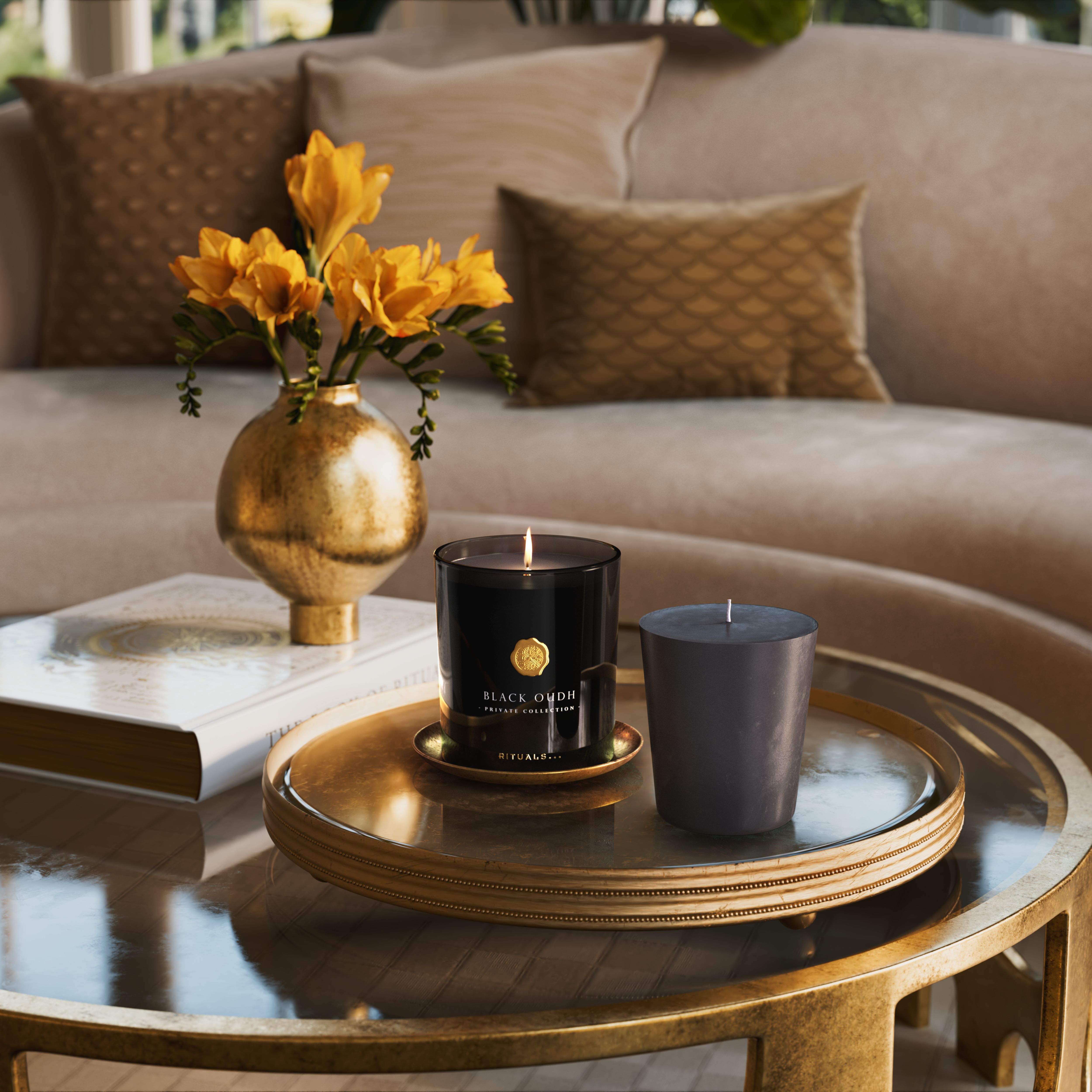 Black Oudh Refill Scented Candle 360g Lifestyle with Product