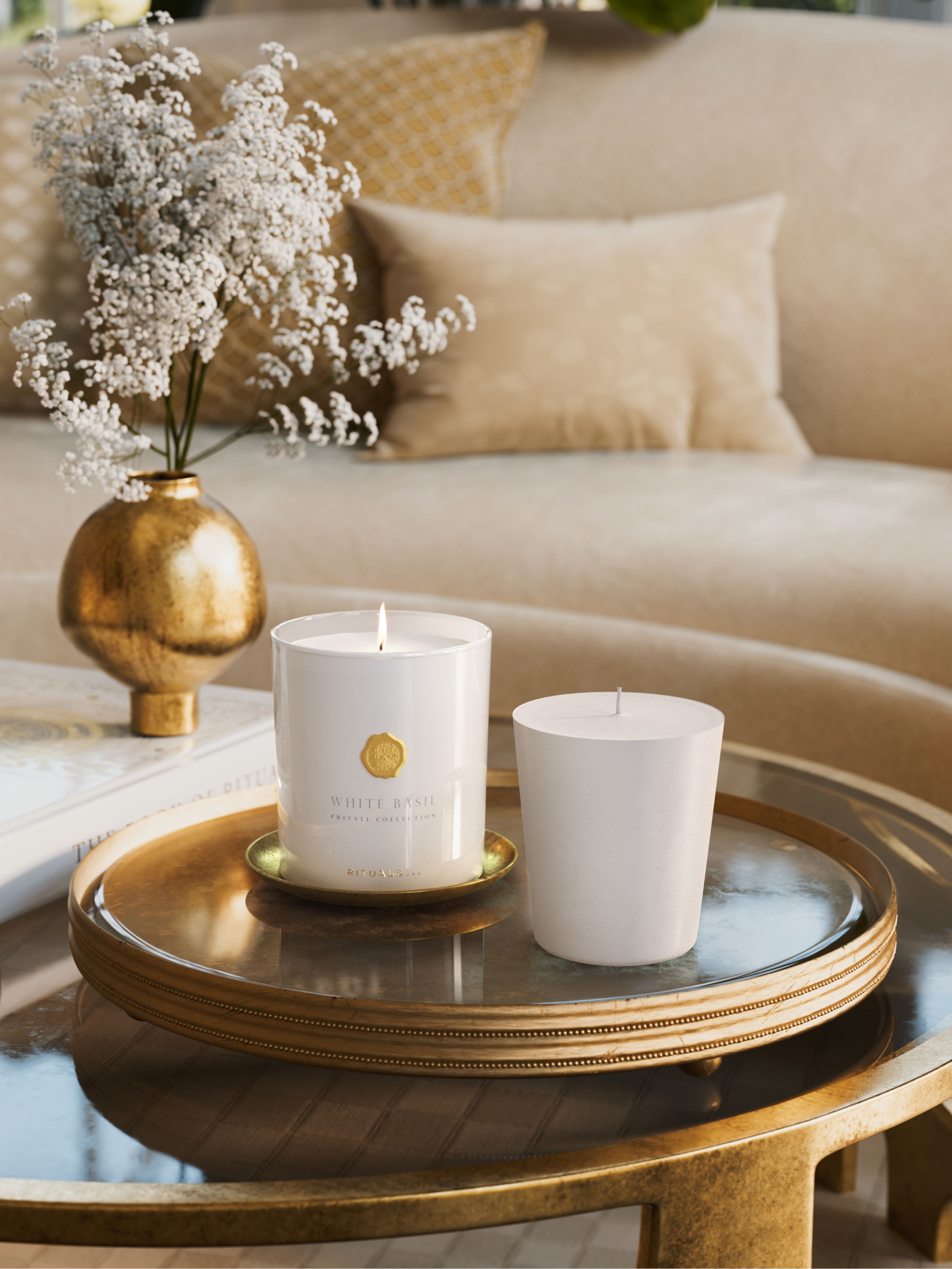 White Basil Refill Scented Candle 360g Lifestyle with Product