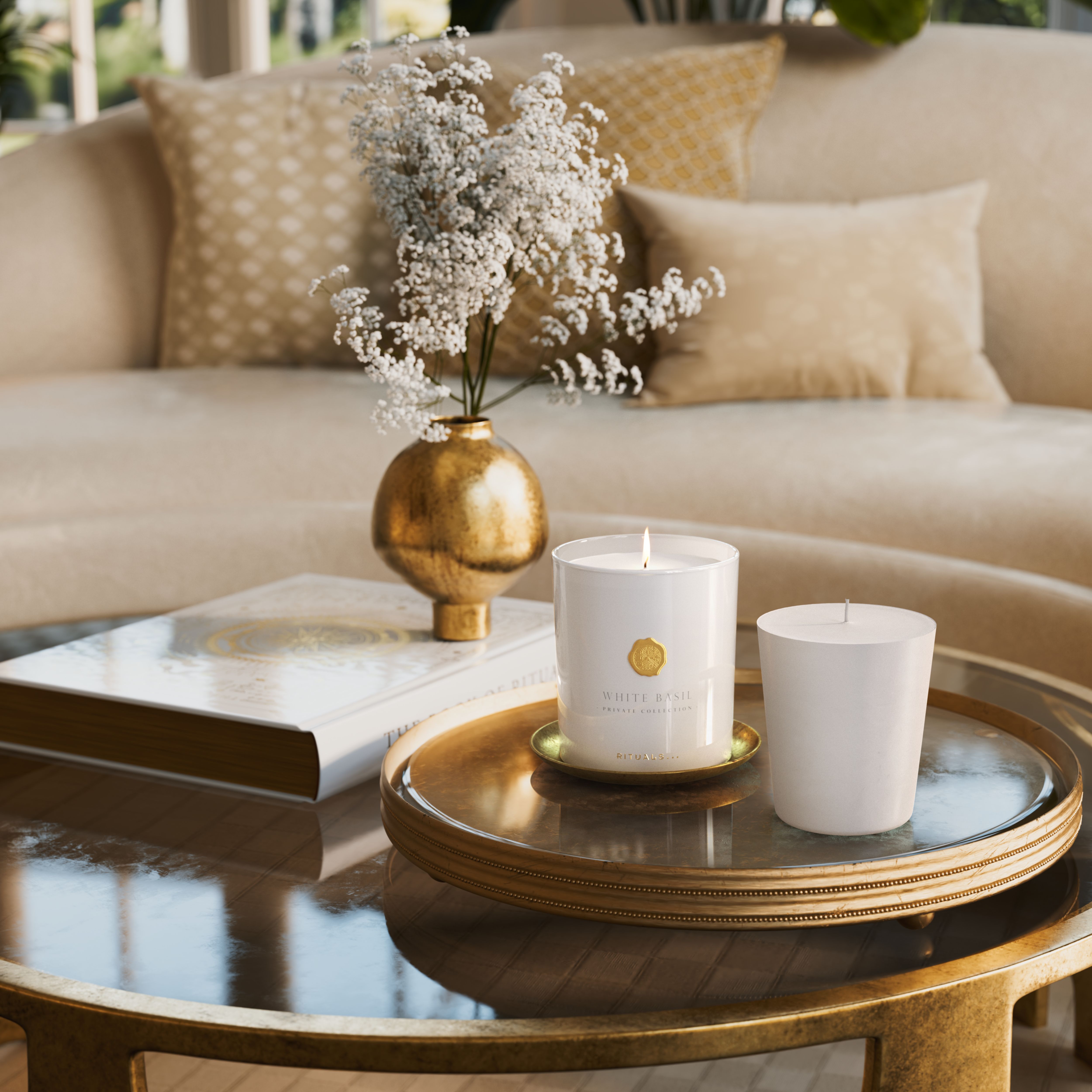 White Basil Refill Scented Candle 360g Lifestyle with Product