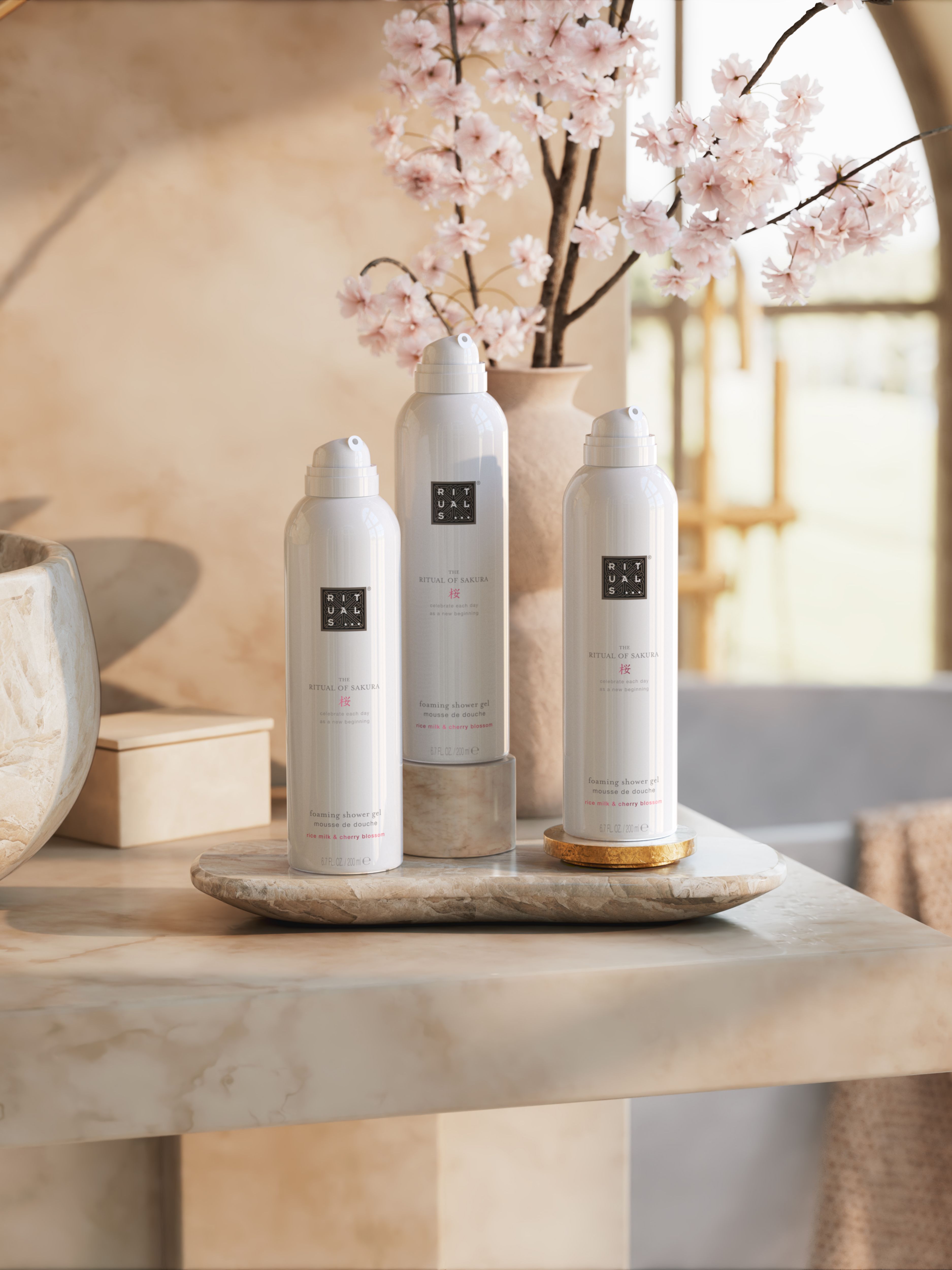 Sakura Shower Foam Value Pack Lifestyle with Product