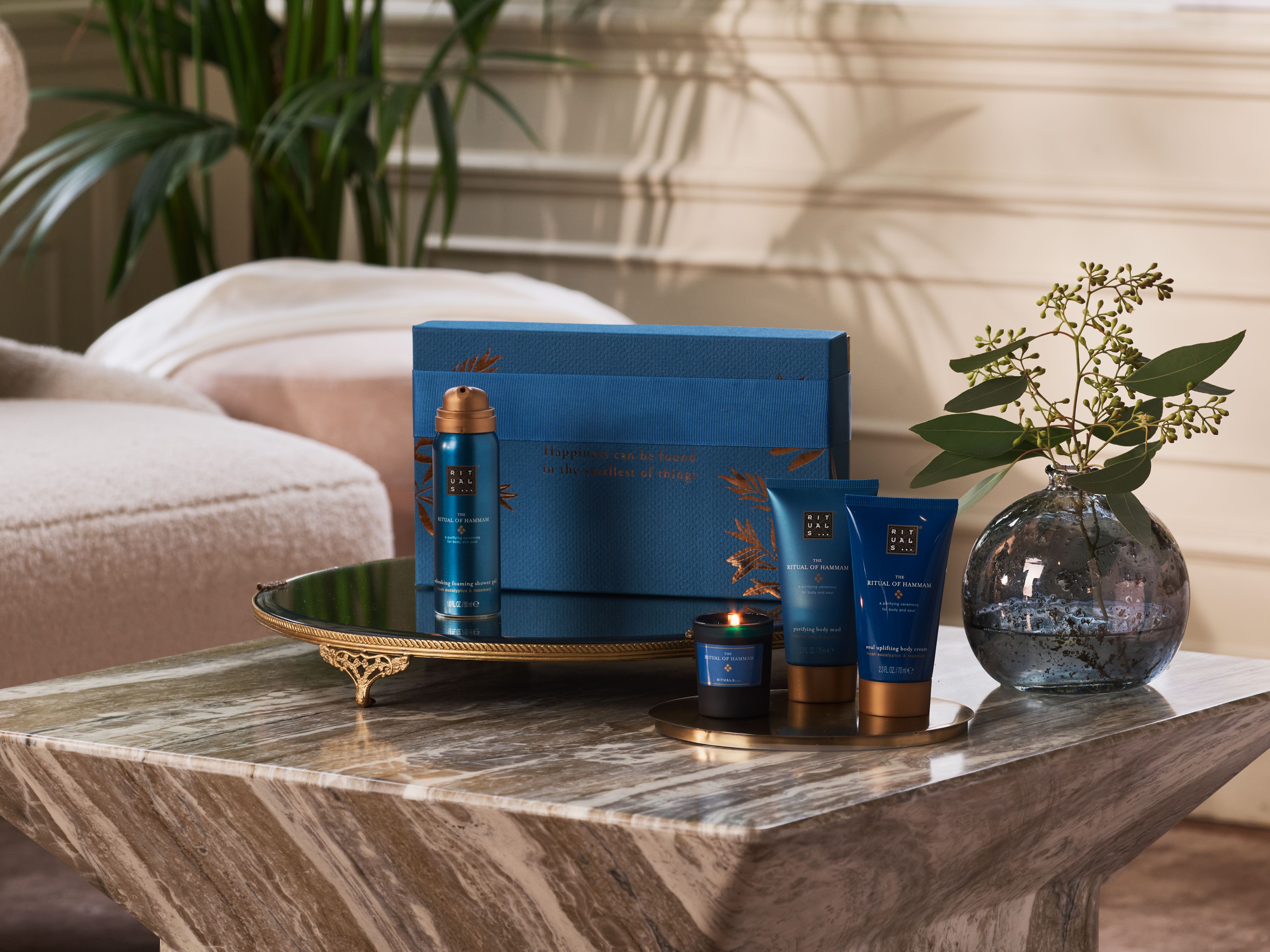 gel tắm tạo bọt 50ml, nến thơm 25g, bùn dưỡng thể 70ml, kem dưỡng thể 70ml, hammam, Xanh lam, RITUALS