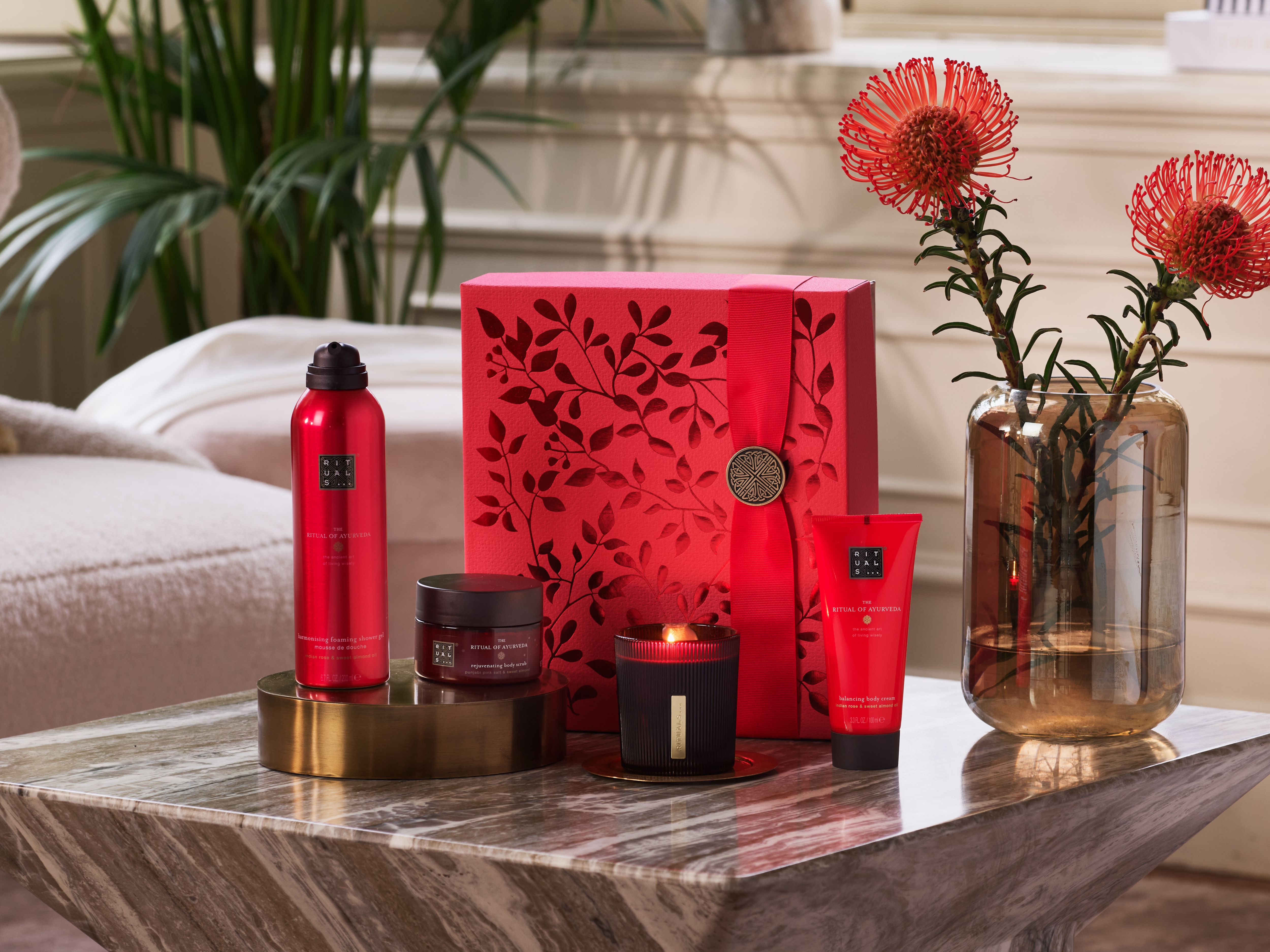foaming shower gel 200ml, body cream 100ml, body scrub 125g, scented candle 140g, ayurveda, Red, RITUALS