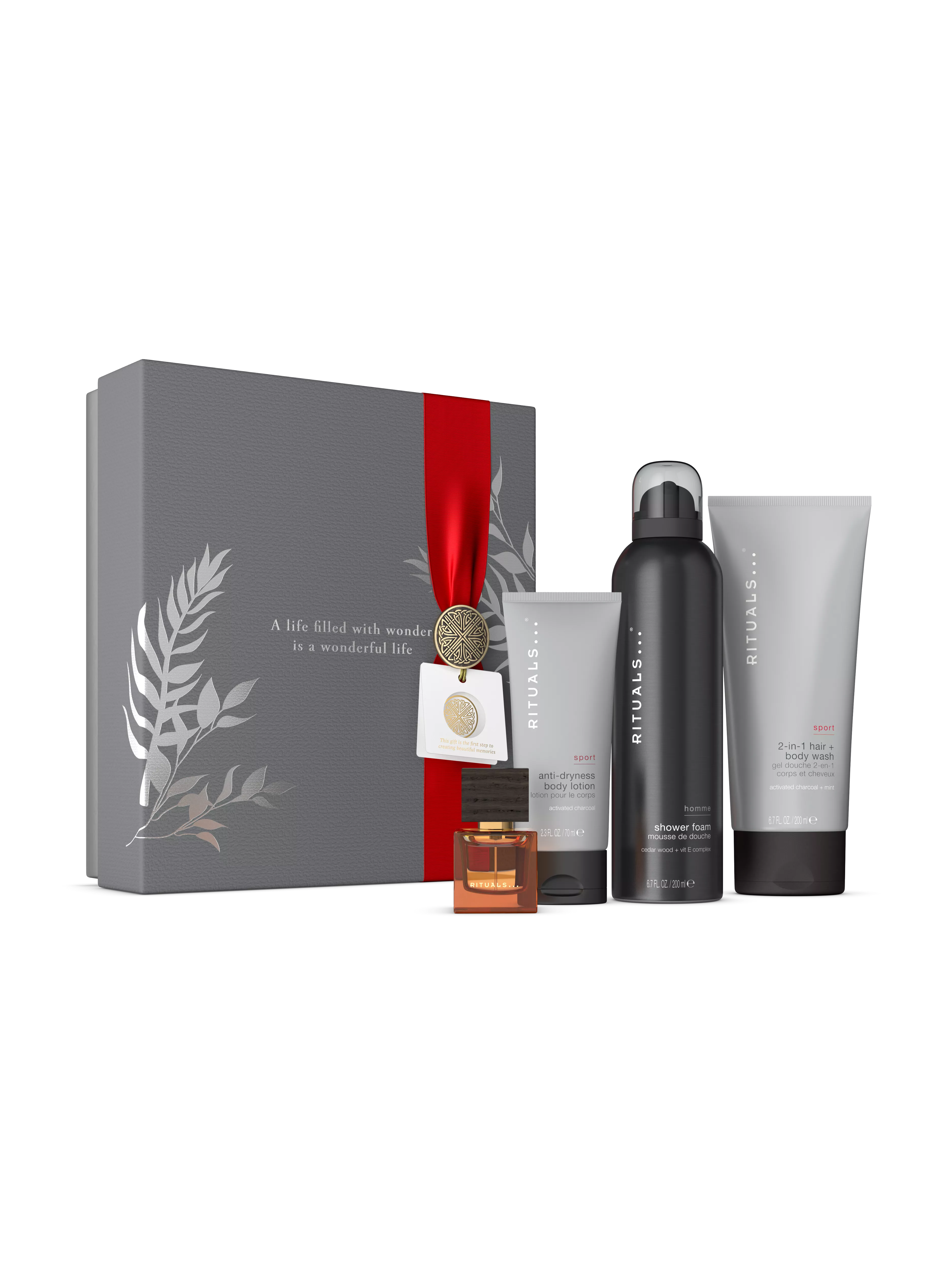 gel de duș spumă 200 ml, șampon și gel de duș 2-în-1 200 ml, loțiune anti-uscare 70 ml, apă de parfum de voiaj 15 ml, homme, Black, RITUALS