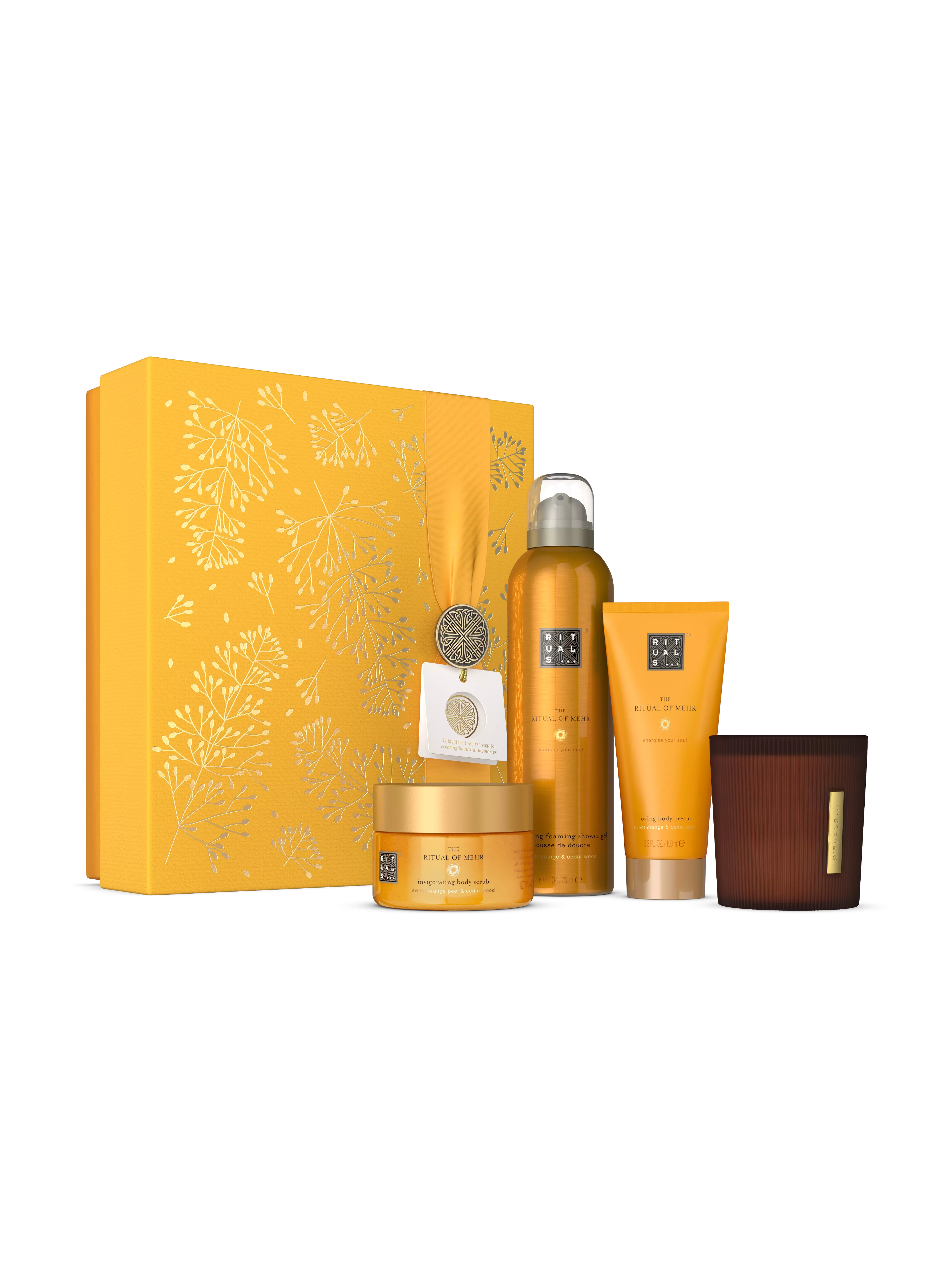 dusjskum 200 ml, kroppskrem 100 ml, kroppsskrubb 125 g, duftlys 140 g, mehr, Oransje, RITUALS