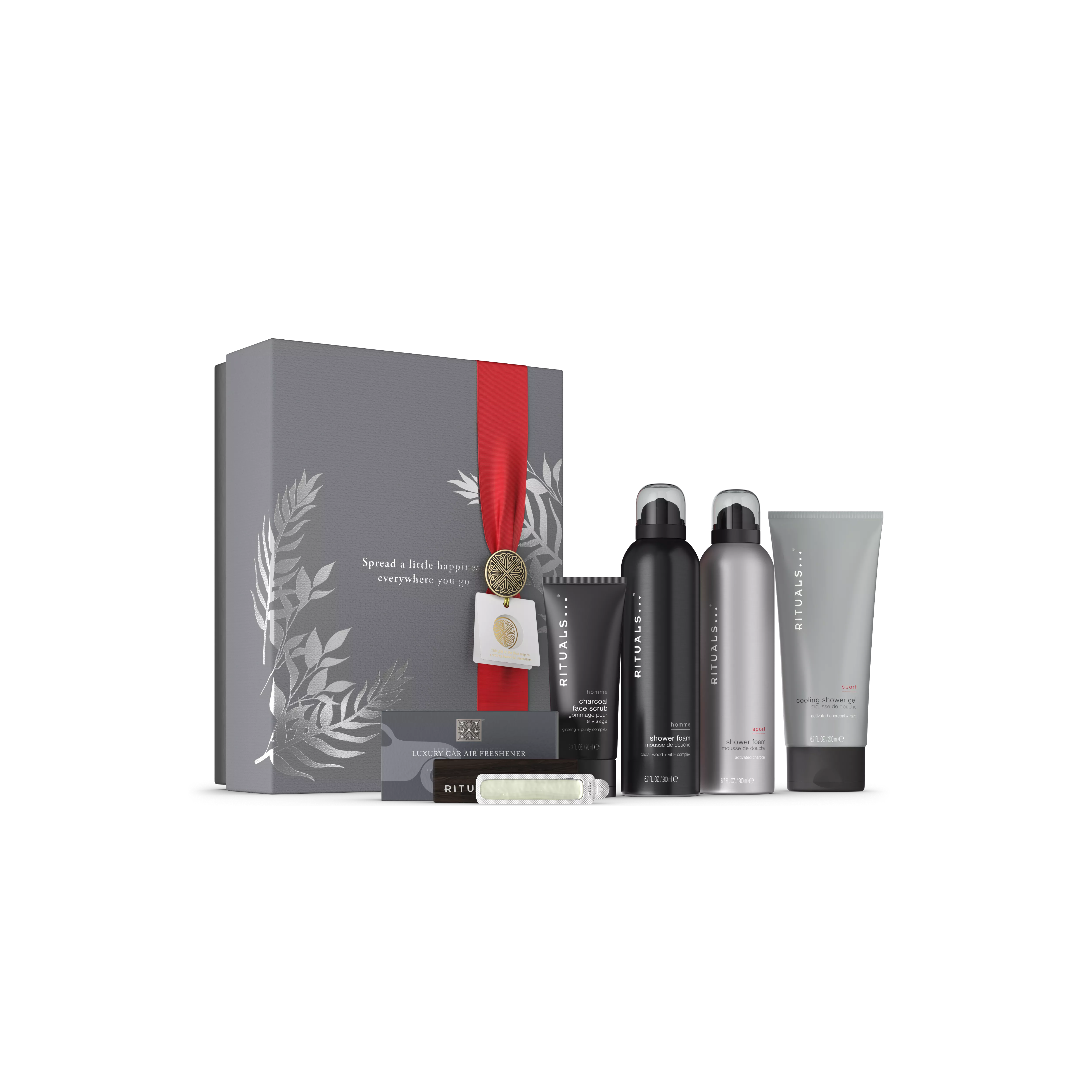 2 espumas de ducha de 200 ml, gel de ducha efecto frío 70 ml, exfoliante de carbón activo 70 ml, ambientador para el coche, homme, Black, RITUALS