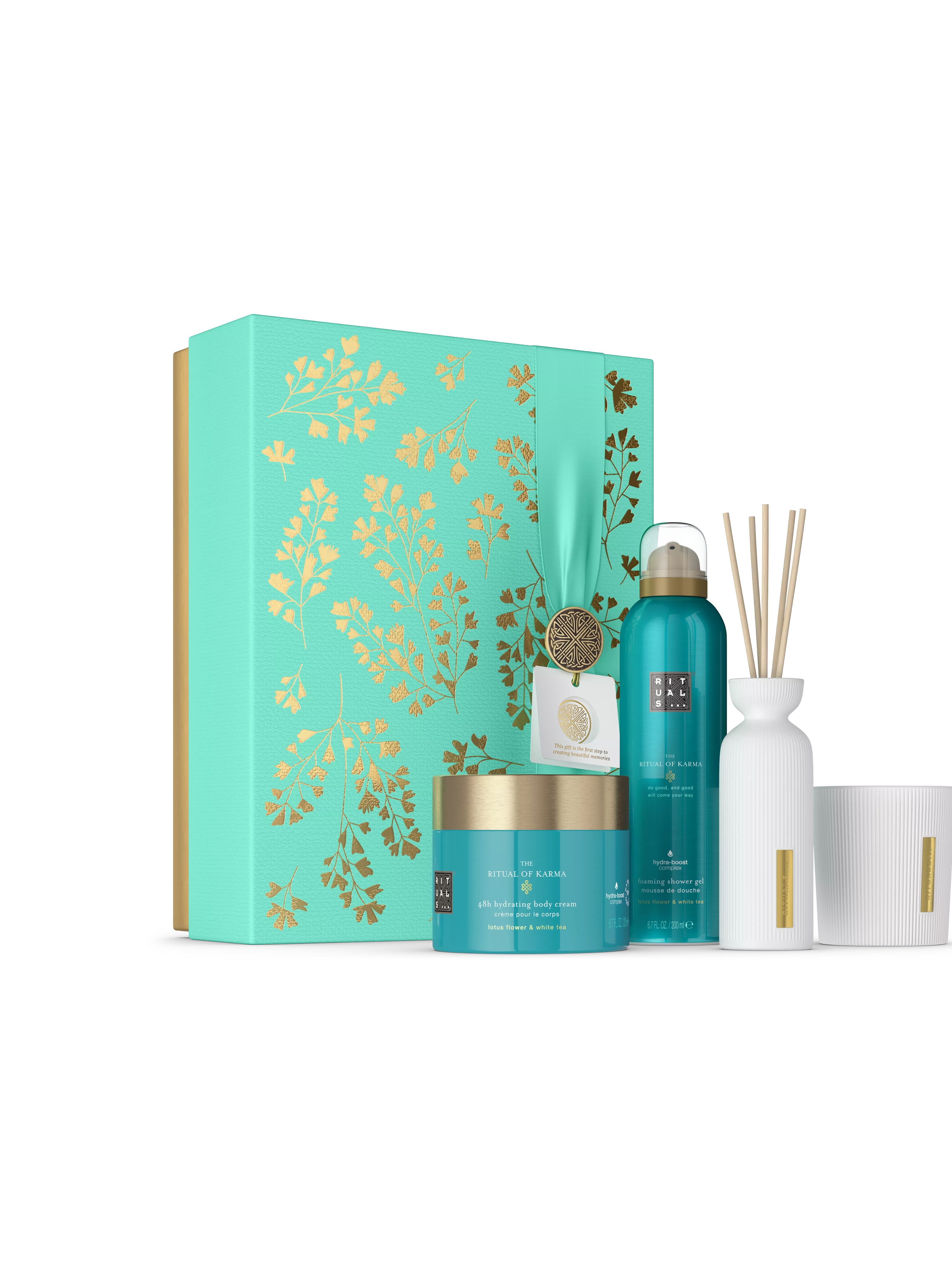 spumă de duș 200 ml, cremă de corp 200 ml, lumânare parfumată 140 ml, minibețișoare parfumate 70 ml, karma, Albastru, RITUALS