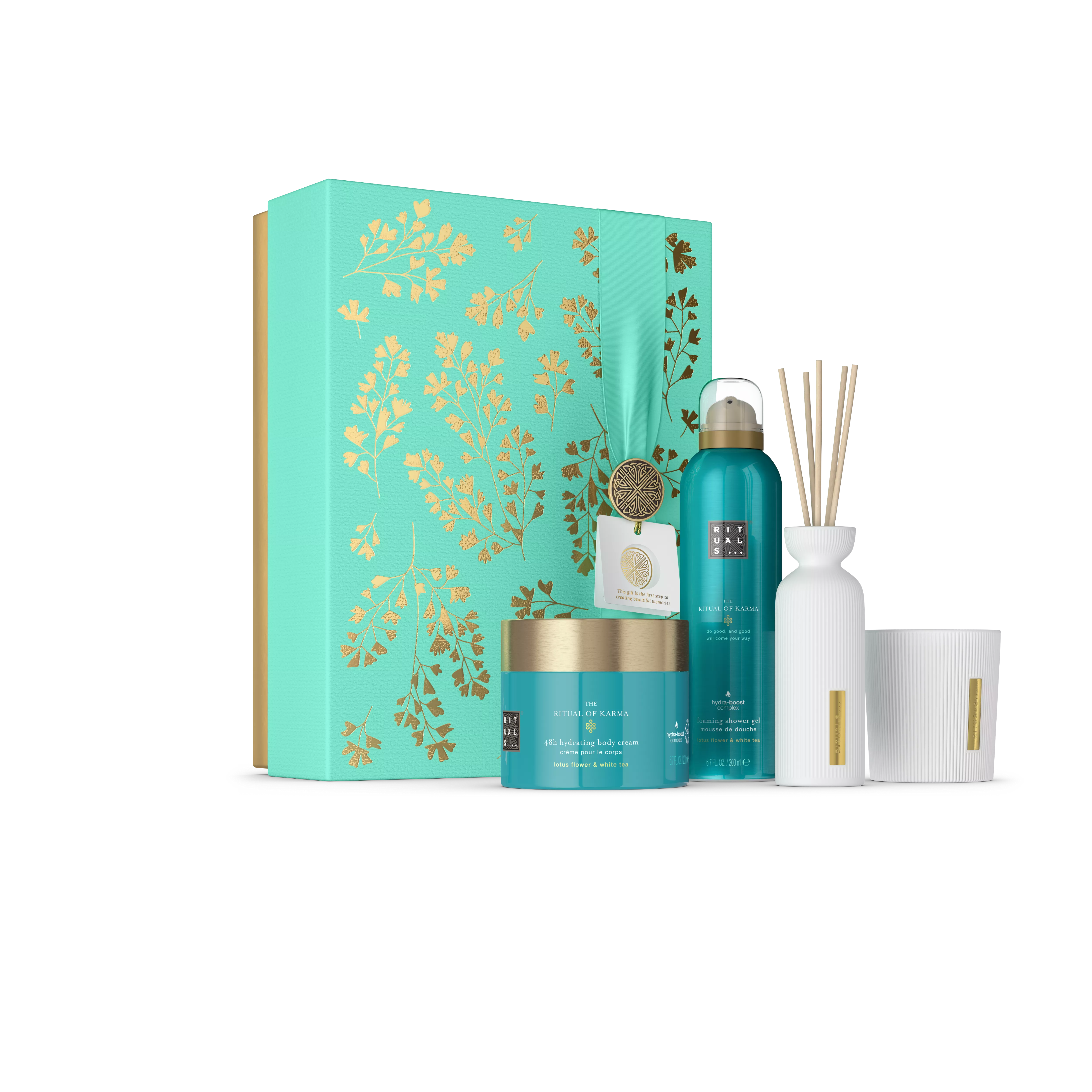 gel de ducha en espuma 200 ml, crema corporal 200 ml, vela aromática 140 g, minibarritas aromáticas 70 ml, karma, Azul, RITUALS