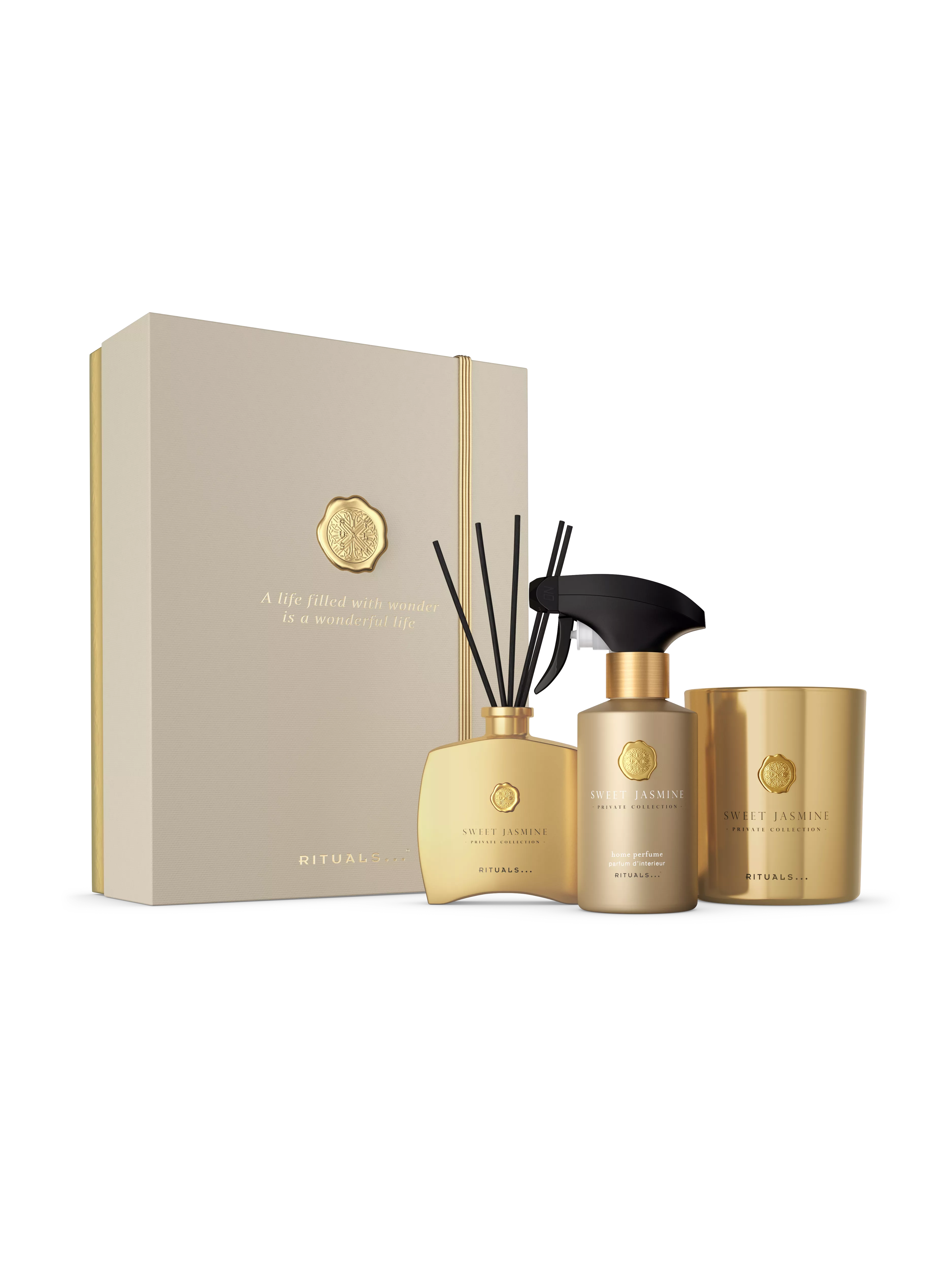 bougie parfumée 360 g, mini bâtonnets parfumés 100 ml, parfum d’intérieur 250 ml, privatecollection, Gold, RITUALS