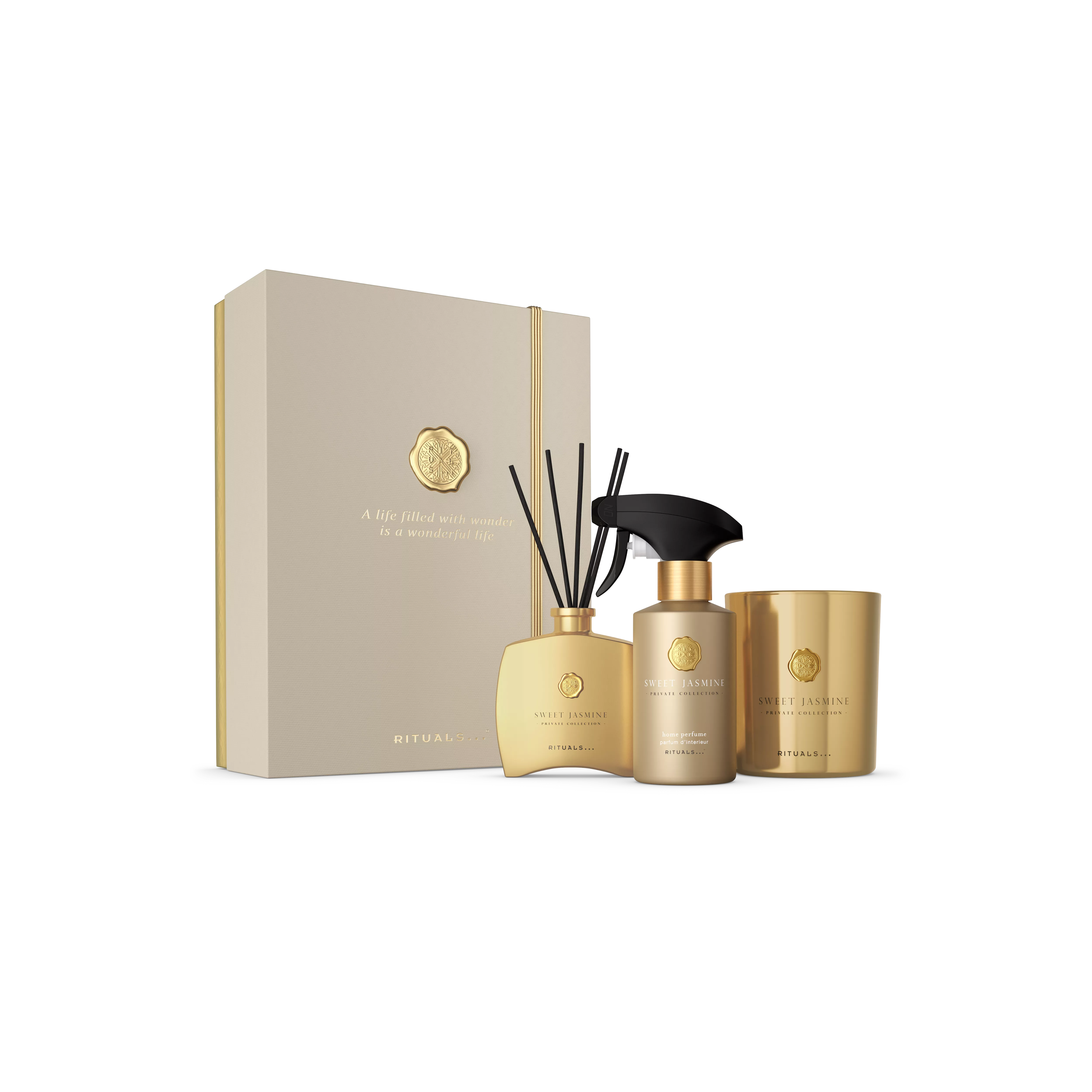 lumânare parfumată 360 g, minibețișoare parfumate 100 ml, parfum pentru locuință 250 ml, privatecollection, Gold, RITUALS