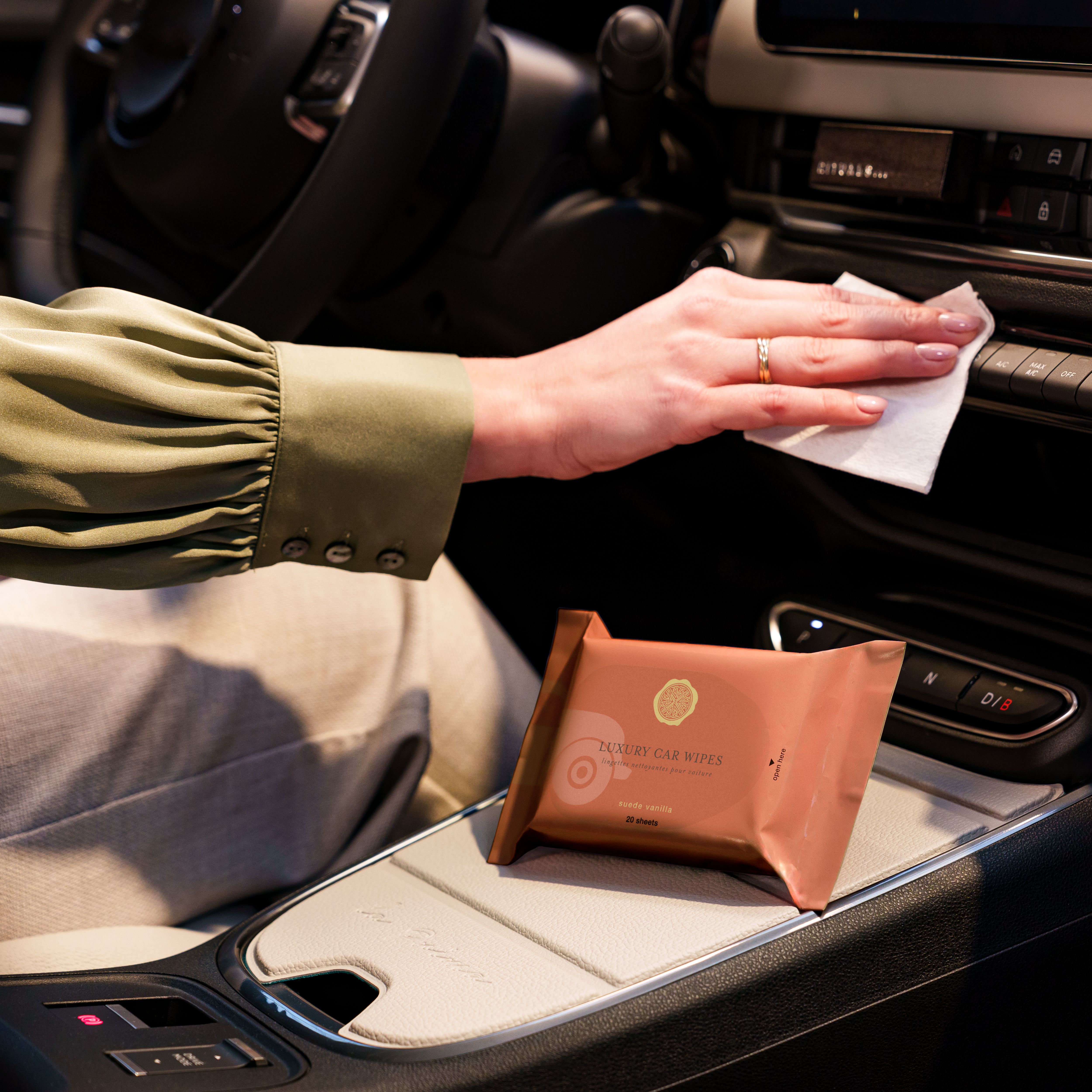 Suede Vanilla Car Wipes Lifestyle with Product