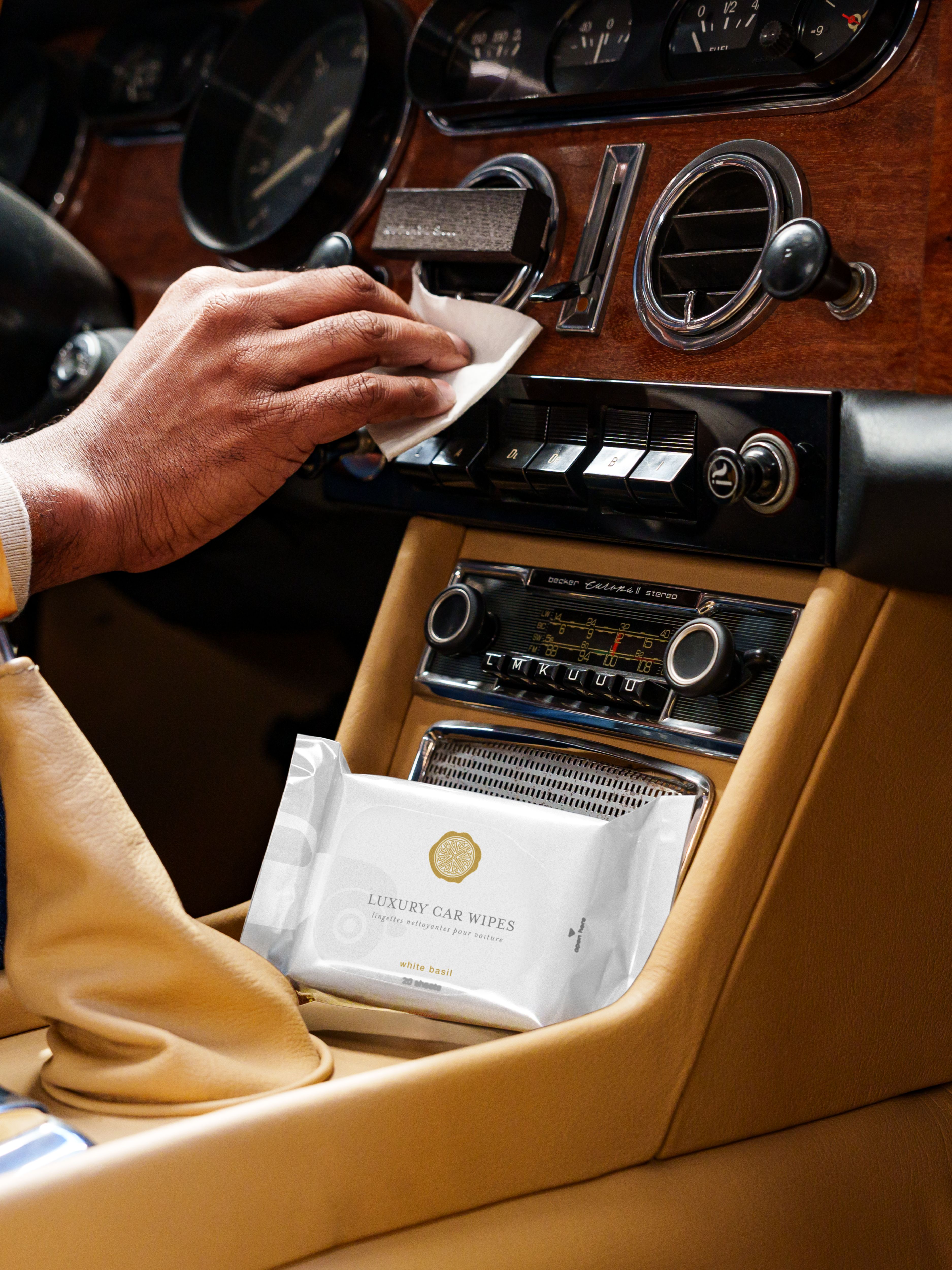 White Basil Car Wipes Lifestyle with Product