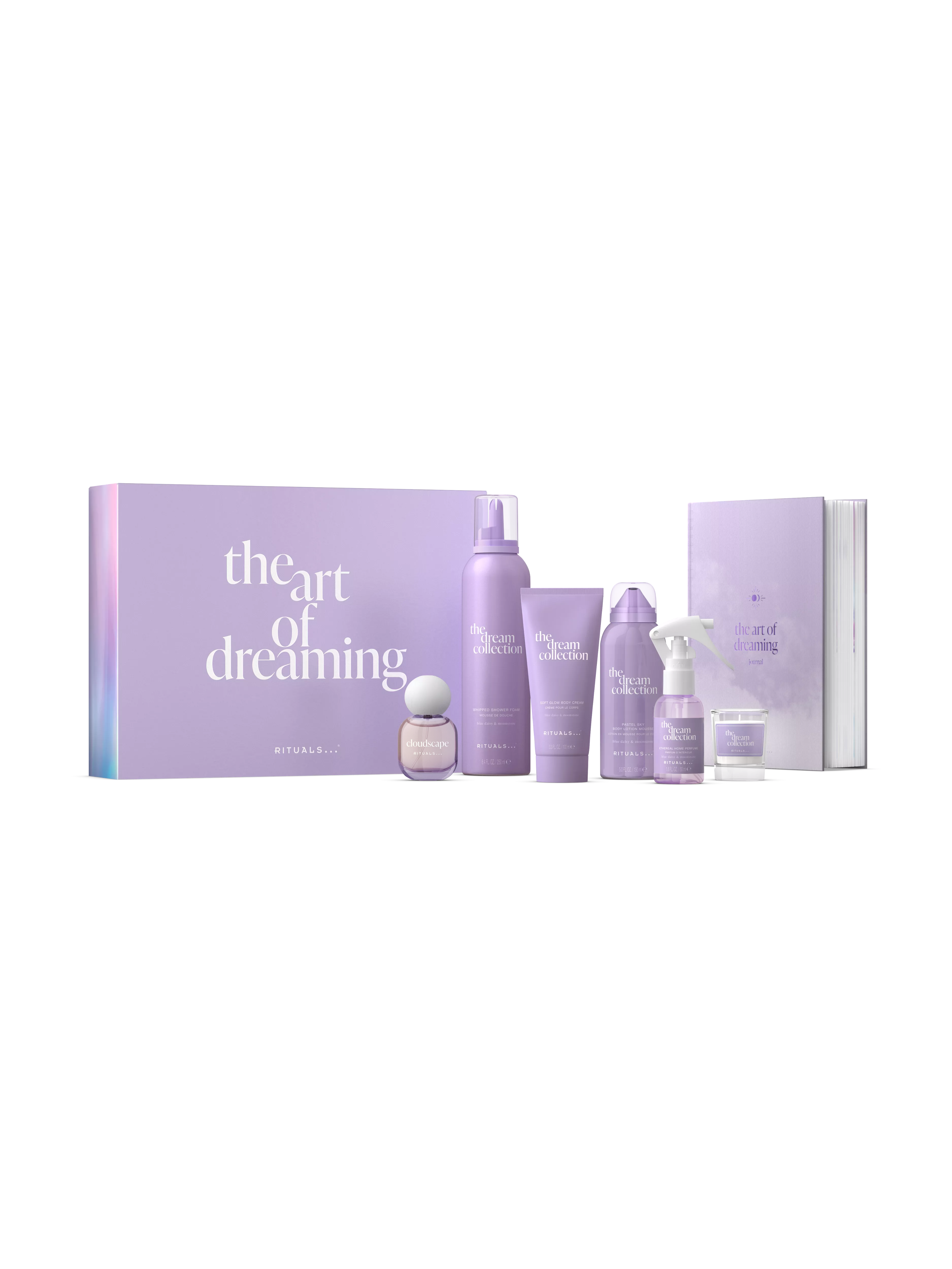 doucheschuim 250 ml, bodycrème 100 ml, bodylotion mousse 150 ml, eau de parfum 15 ml, huisparfum 50 ml, geurkaars 25 g, droomdagboek (English only), thedreamcollection, Purple, RITUALS