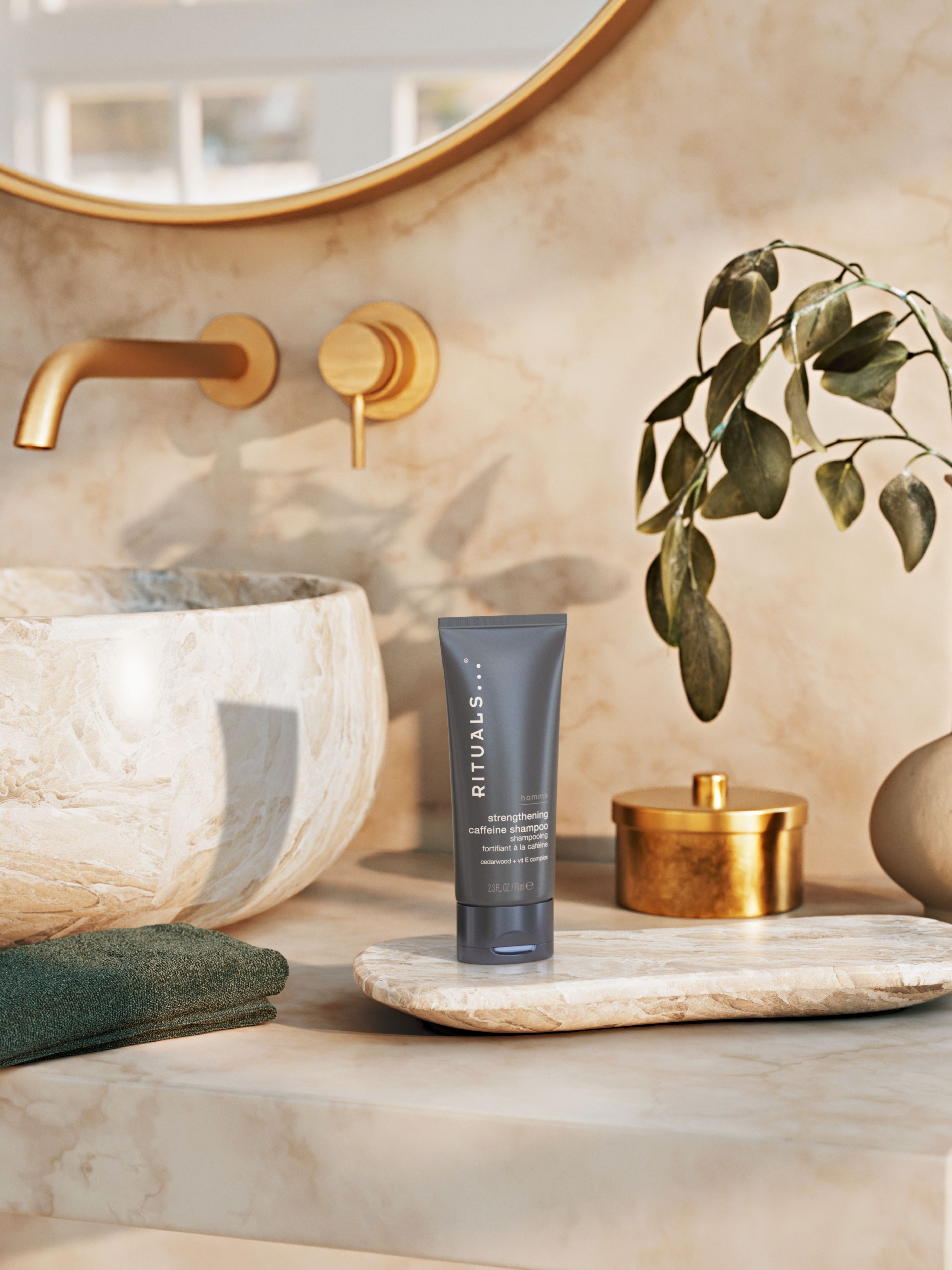 Homme Strengthening Caffeine Shampoo 70ml Lifestyle with Product