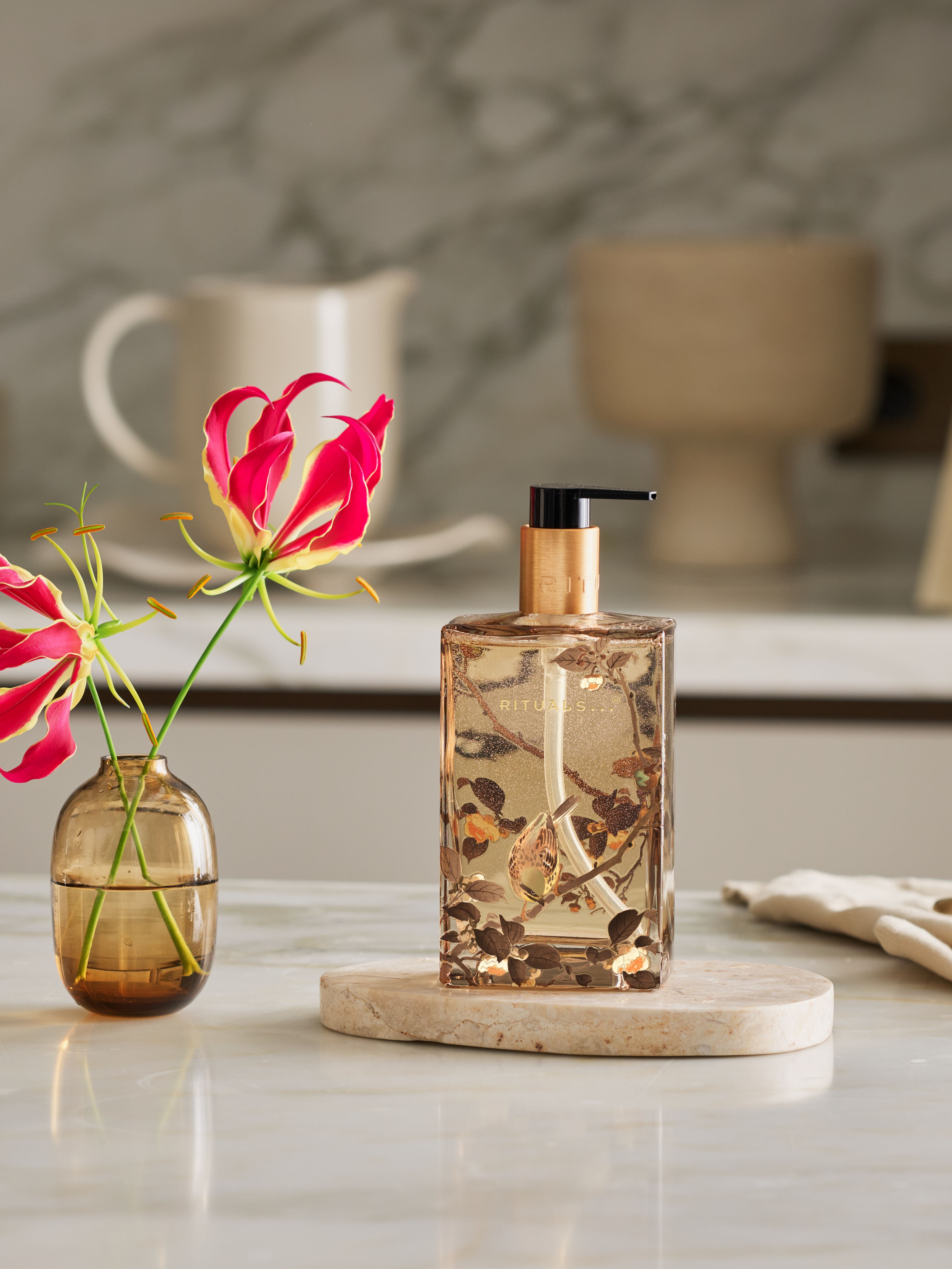 Refillable Hand Wash - Golden Bird bottle Lifestyle with Product