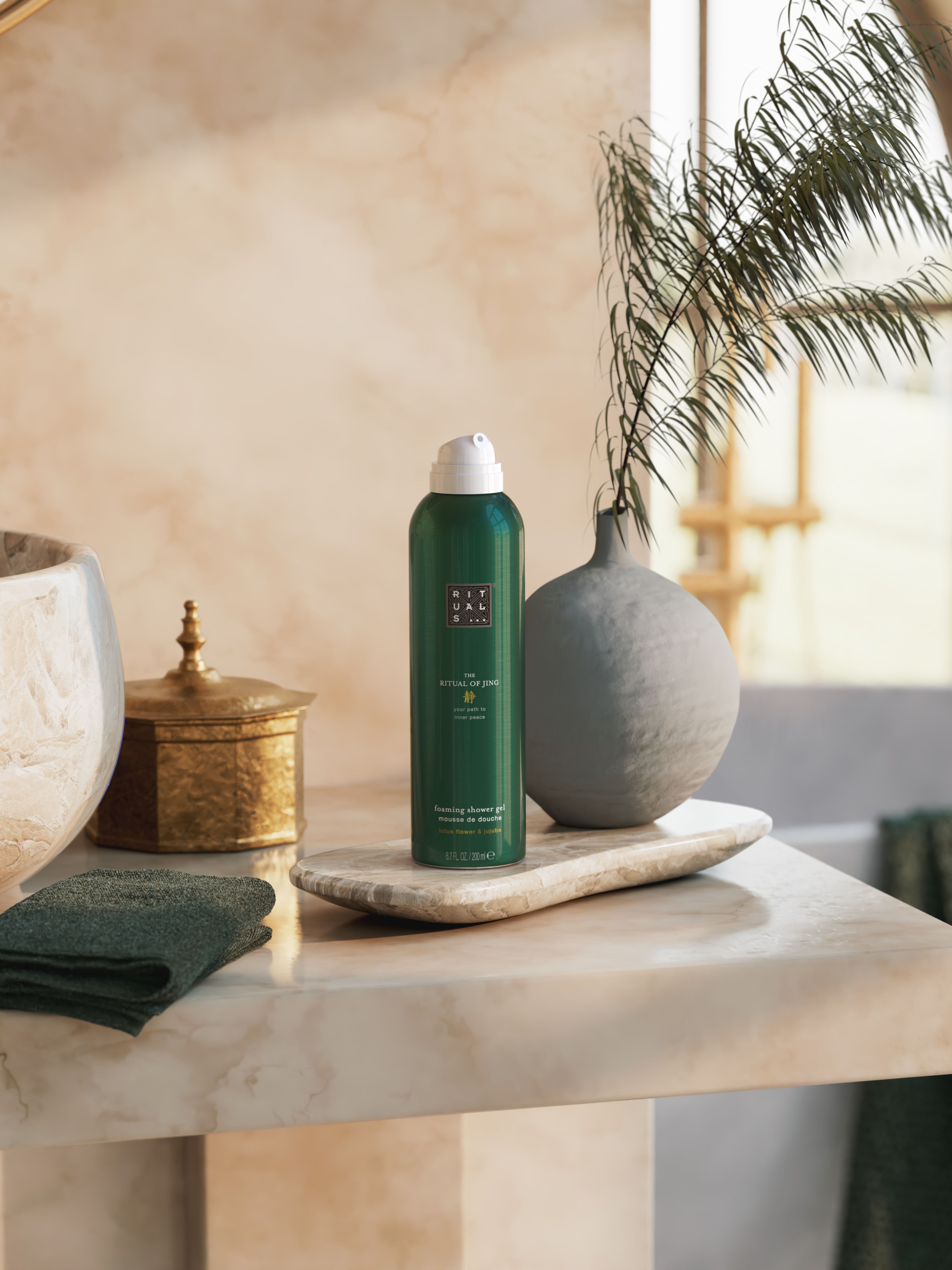 The Ritual of Jing Foaming Shower Gel Lifestyle with Product