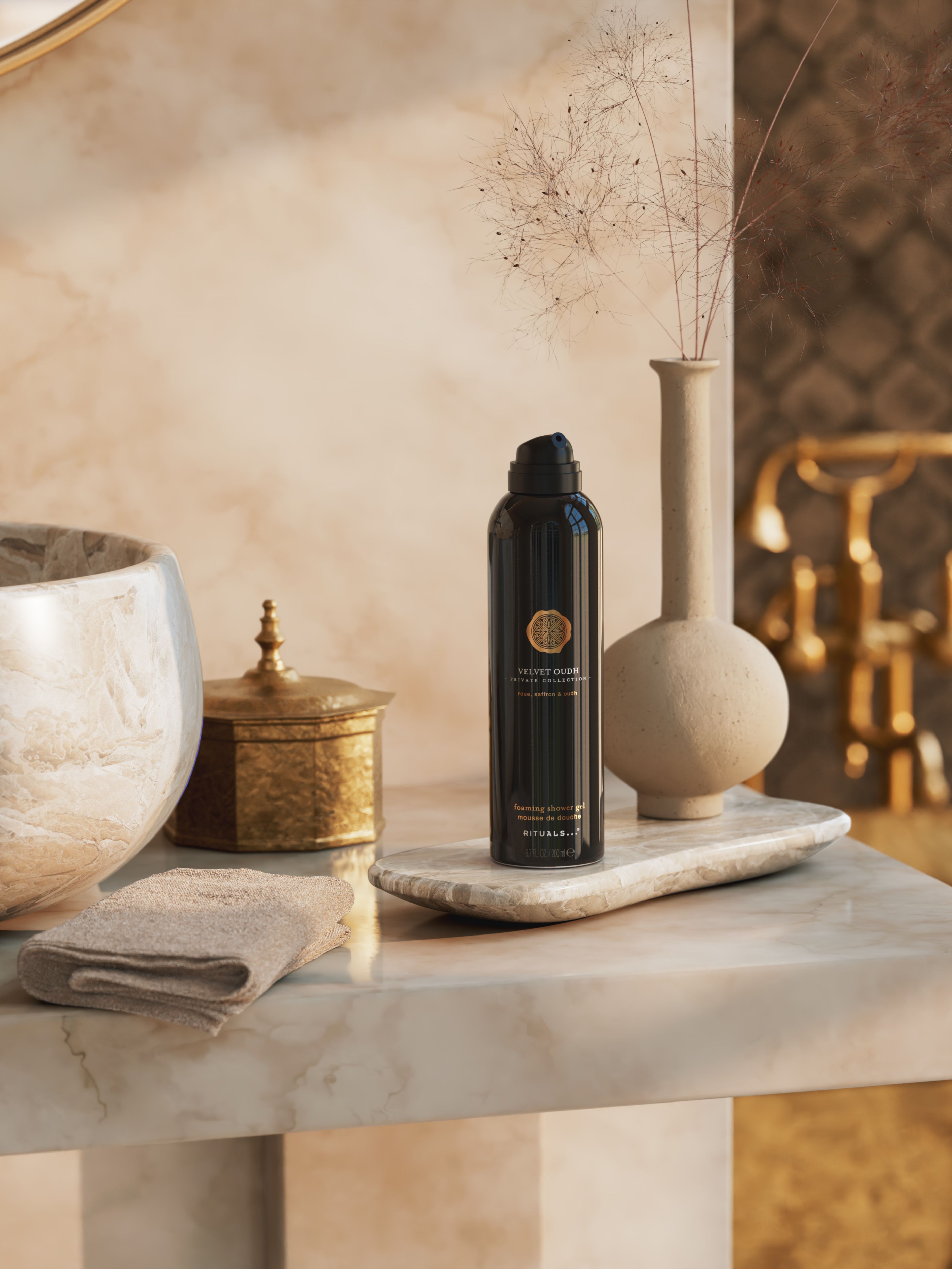 Velvet Oudh Foaming Shower Gel Lifestyle with Product